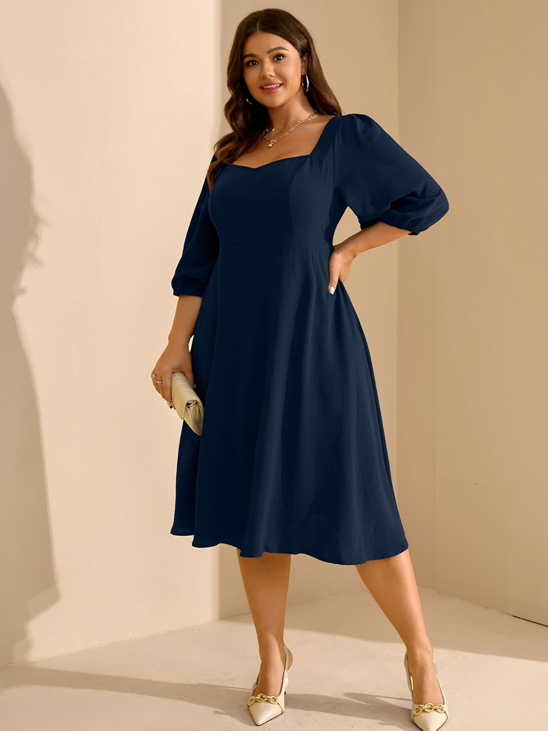 RWJ Plus Size Dress for Women Fall 3/4 Sleeve Sweetheart Neck Aline Casual Wedding Guest Formal Midi Dresses with Pockets - Image 3