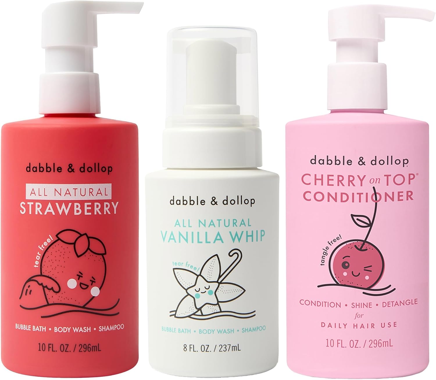 Dabble & Dollop Berry Kids Bath & Hair Care Set – Tear-Free 3-in-1 Body Wash, Shampoo & Bubble Bath + Conditioner, Paraben & Sulfate Free, Vegan, Gluten-Free, Strawberry, Vanilla & Cherry (Pack of 3)