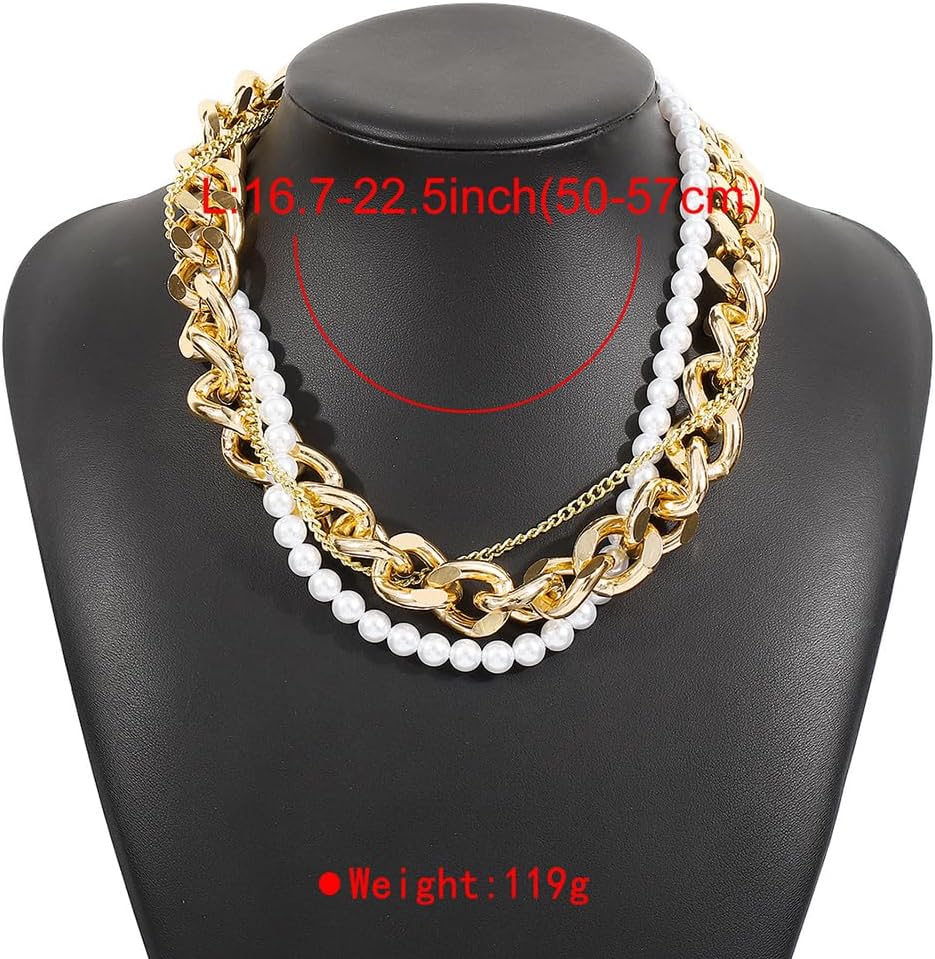 Wiwpar Vintage Paper Clip Link Chain Chunky Cuban Twisted Rope Gold Choker Pearl Beaded Necklace Layered Gold Paperclip Chain Pearl Bead Necklace Party Prom Wedding Jewelry Gift for Women - Image 8