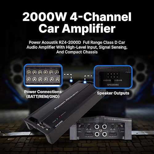 Miniatura 2 de Power Acoustik RZ4-2000D Amplificador de 4 canales Clase D de 2000 W, negro, 13.60 pulgadas x 6.30 pulgadas x 3.50 pulgadas.