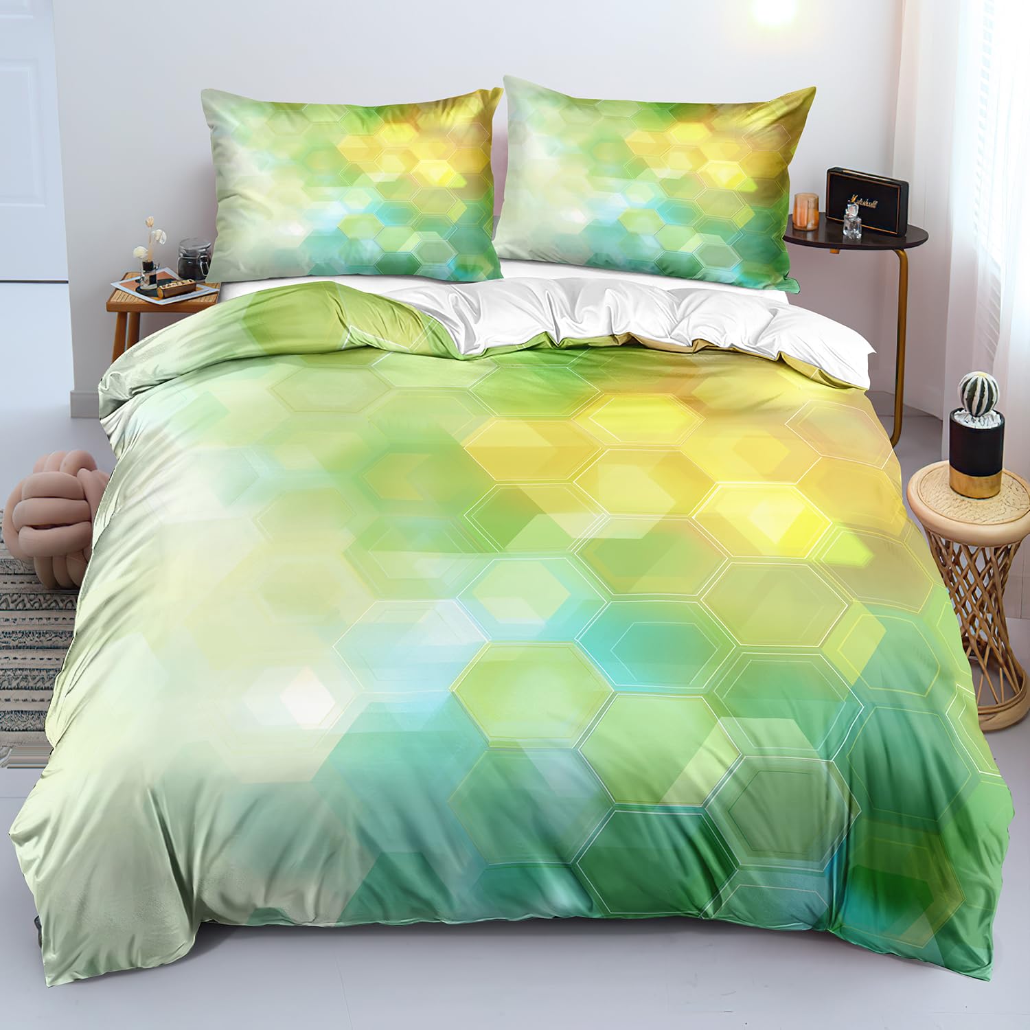 Parure de lit 240x220 hexagonale en dégradé jaune et vert toutes saisons