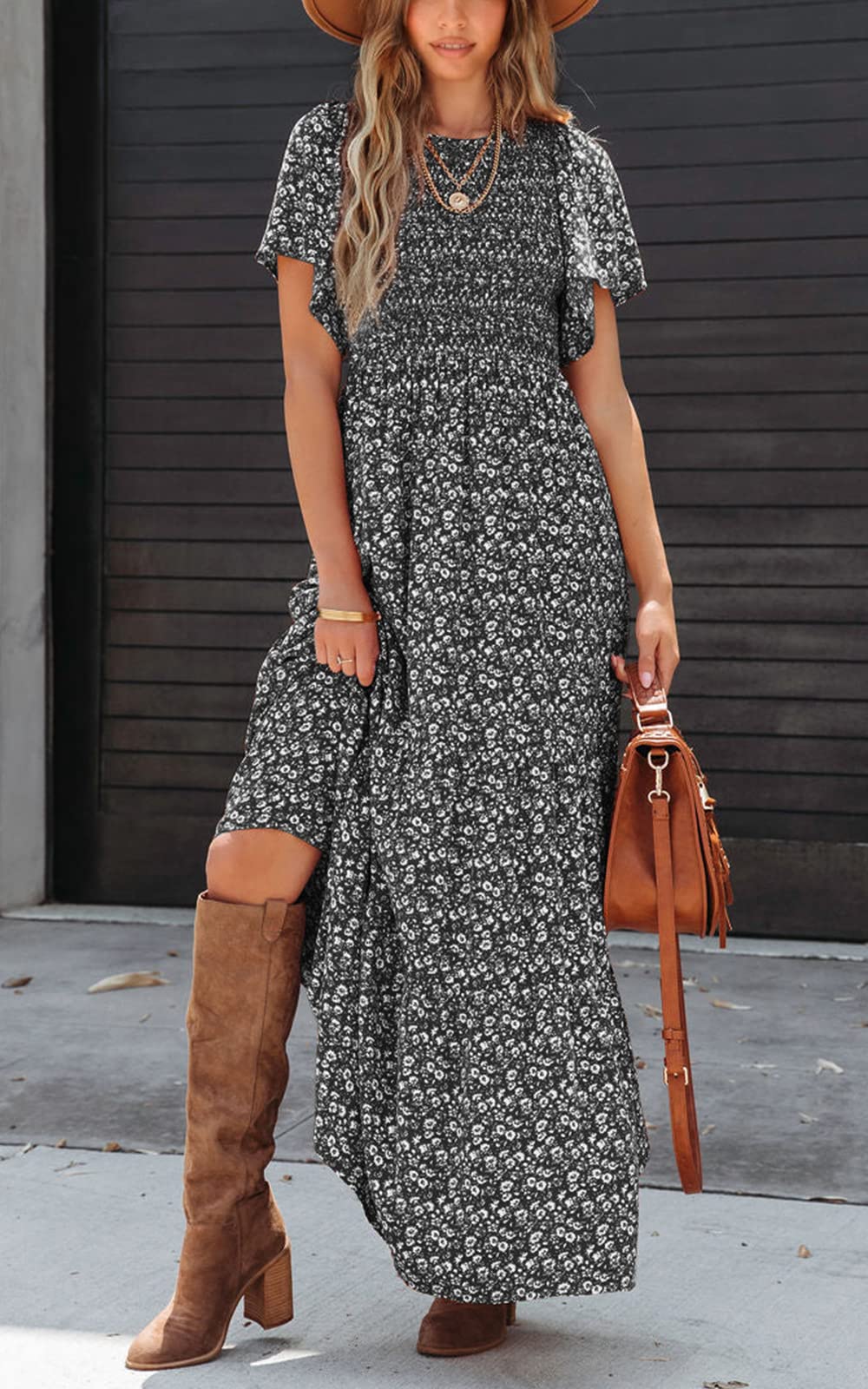 PRETTYGARDEN Smocked Top Summer Dresses for Women 2026 Short Sleeve Floral Maxi Dress for Women Maxi Abito Primaverile con Maniche a Volant per Le Donne in Spiaggia e Vacanze Donna (Pacco da 1)