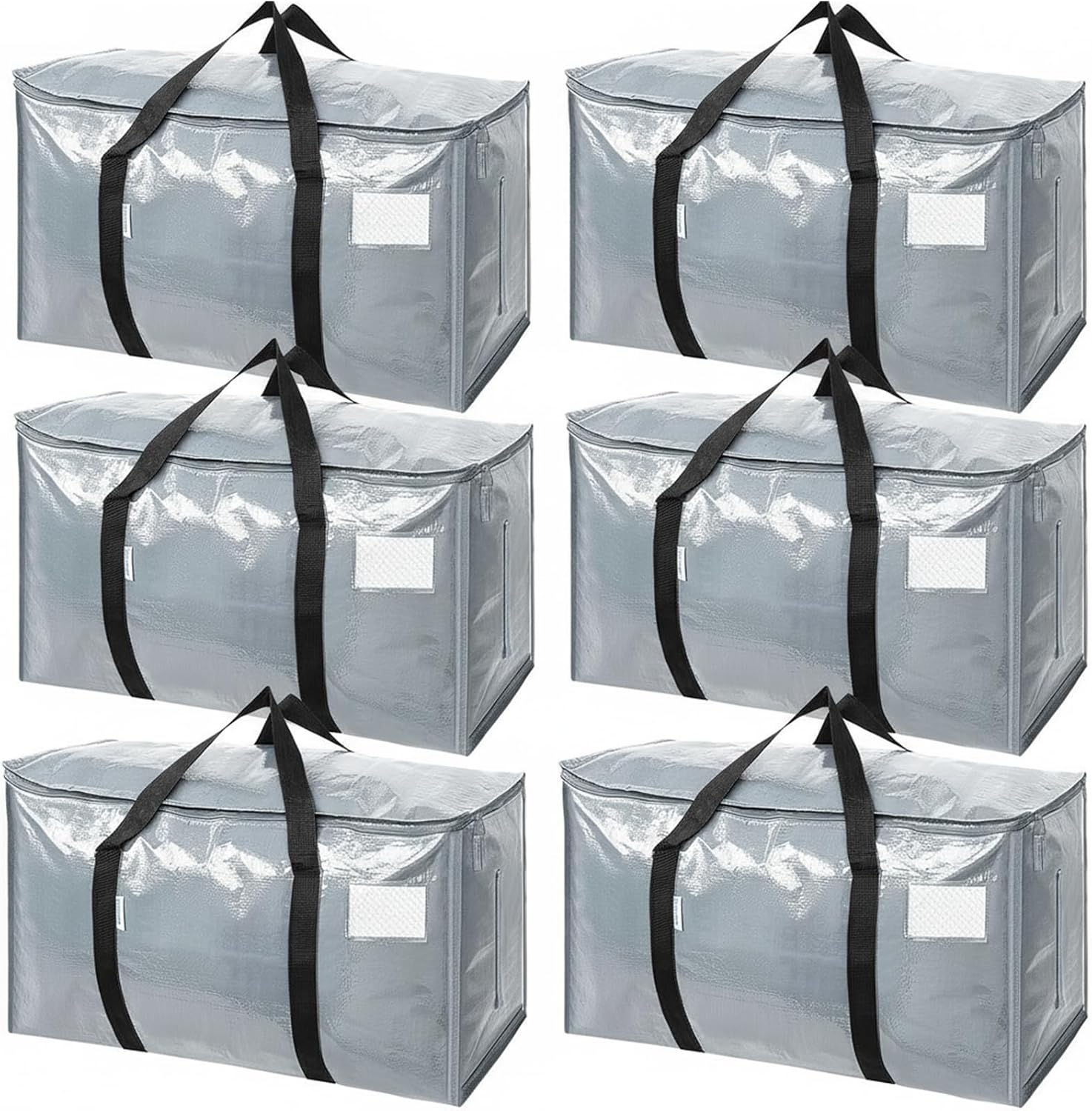 ROOM127 Heavy Duty Moving Bags, 6 Pack 23 Gallon Storage Bags, Black Silver | Reinforced Handles, Strong Zipper, Reusable Foldable Storage Totes for College Dorm Moving Bedding Closet Home Organization