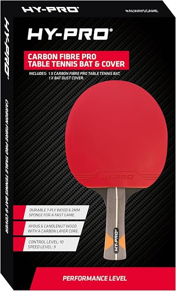 Hy-Pro Table Tennis Bat - Carbon Fibre Core, Durable 7-Ply Wood, 2mm Sponge