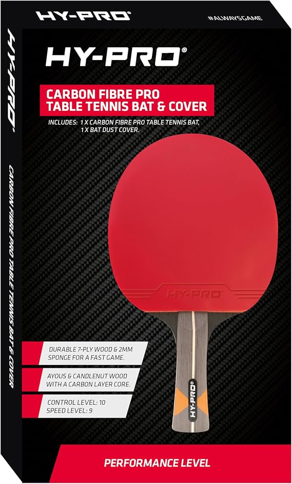 Hy-Pro Table Tennis Bat - Carbon Fibre Core, Durable 7-Ply Wood, 2mm Sponge