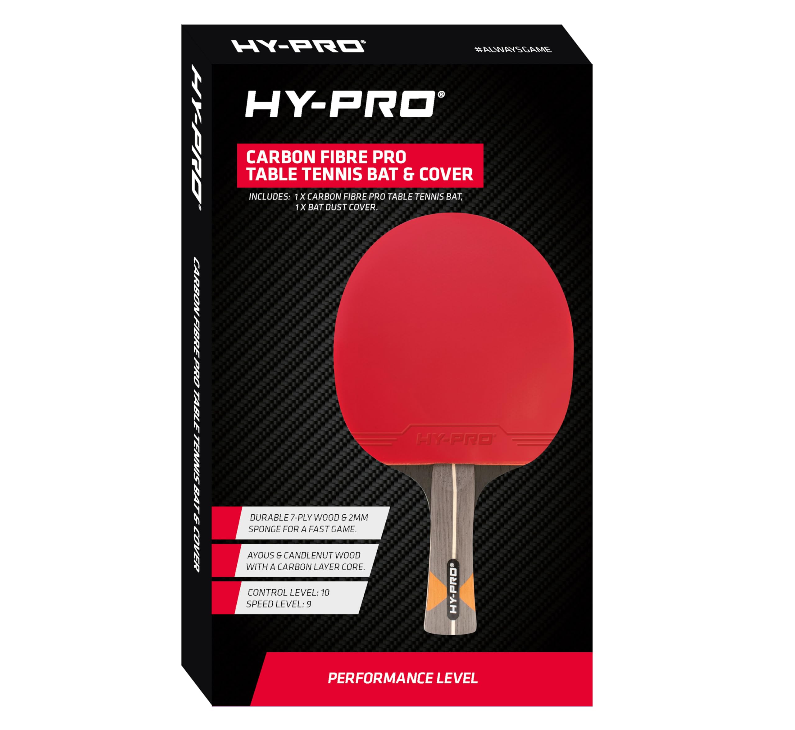 PRO-SPIN tafeltennisbatje met Pro Carbon Fiber-technologie voor meer controle, spin en kracht | Pingpongbat op prestatieniveau | Met premium rubberen beschermer (2-pack