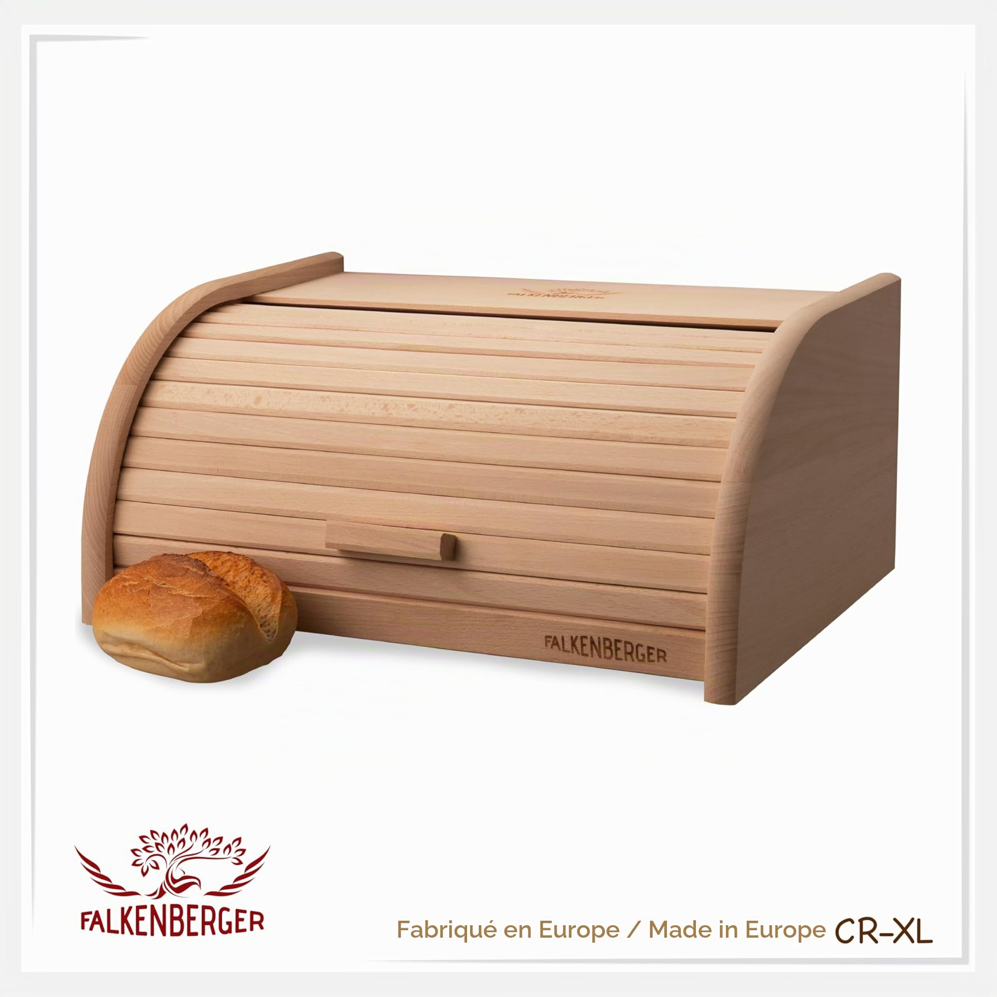 Boîte à pain en bois de hêtre environ 39 x 28 x 18 cm XL Boîte à pain traditionnelle avec couvercle enroulable Fait à la main