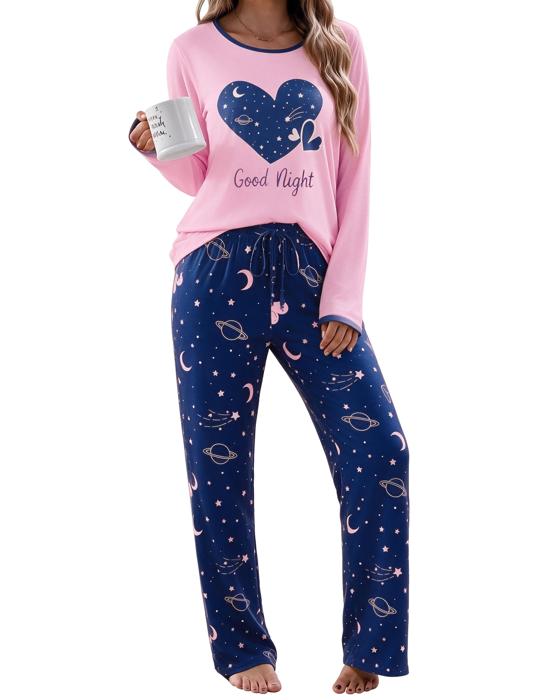 Litherday Schlafanzug Damen Lang Baumwolle Pyjama Set Mit Print | Zweiteiliger Langarm Nachtwäsche mit Taschen Rundhals für Herbst & Winter