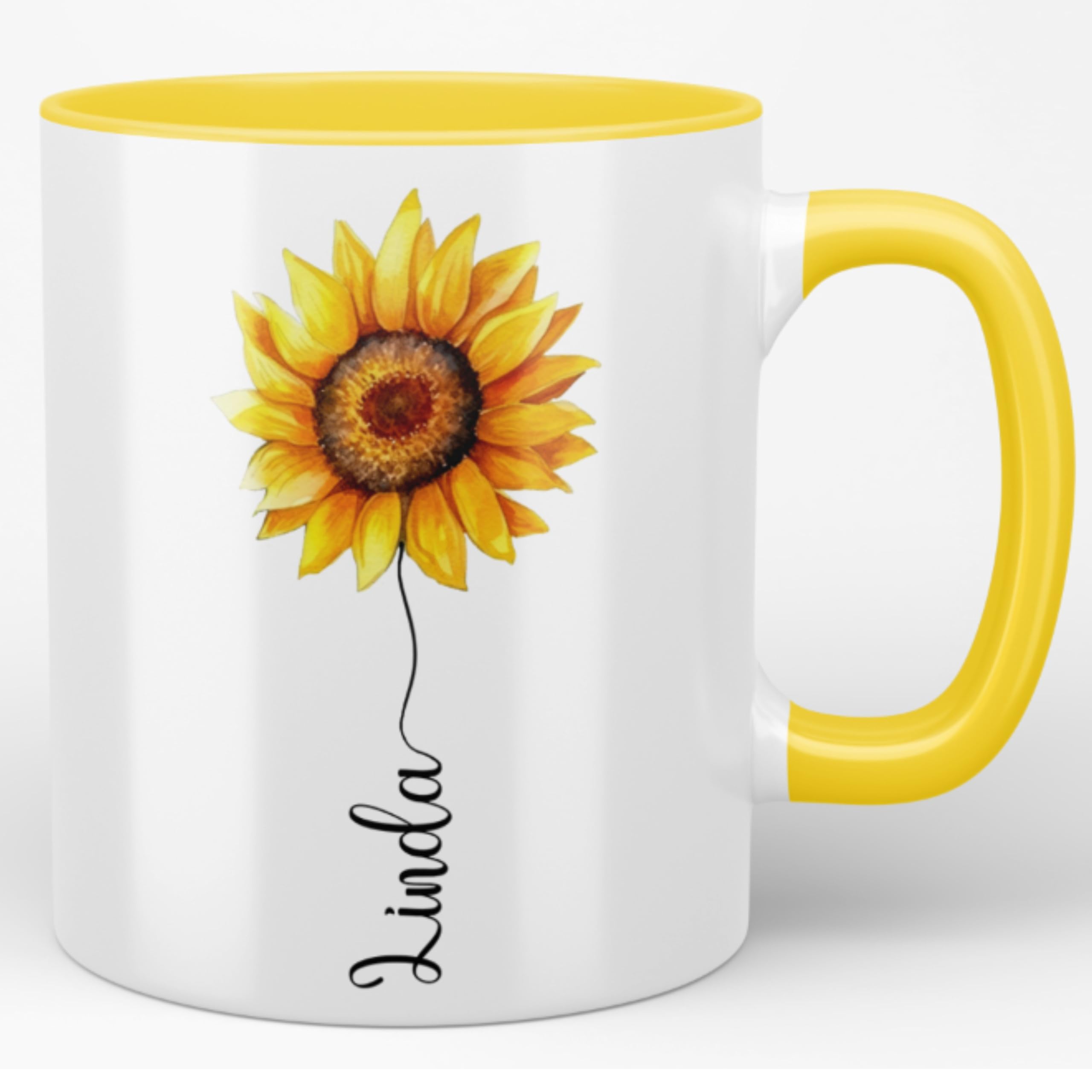 Personalised Sunflower Name Mug - Pretty Flower Gift - 11oz Ceramic Coffee Cup (Yellow Mug)