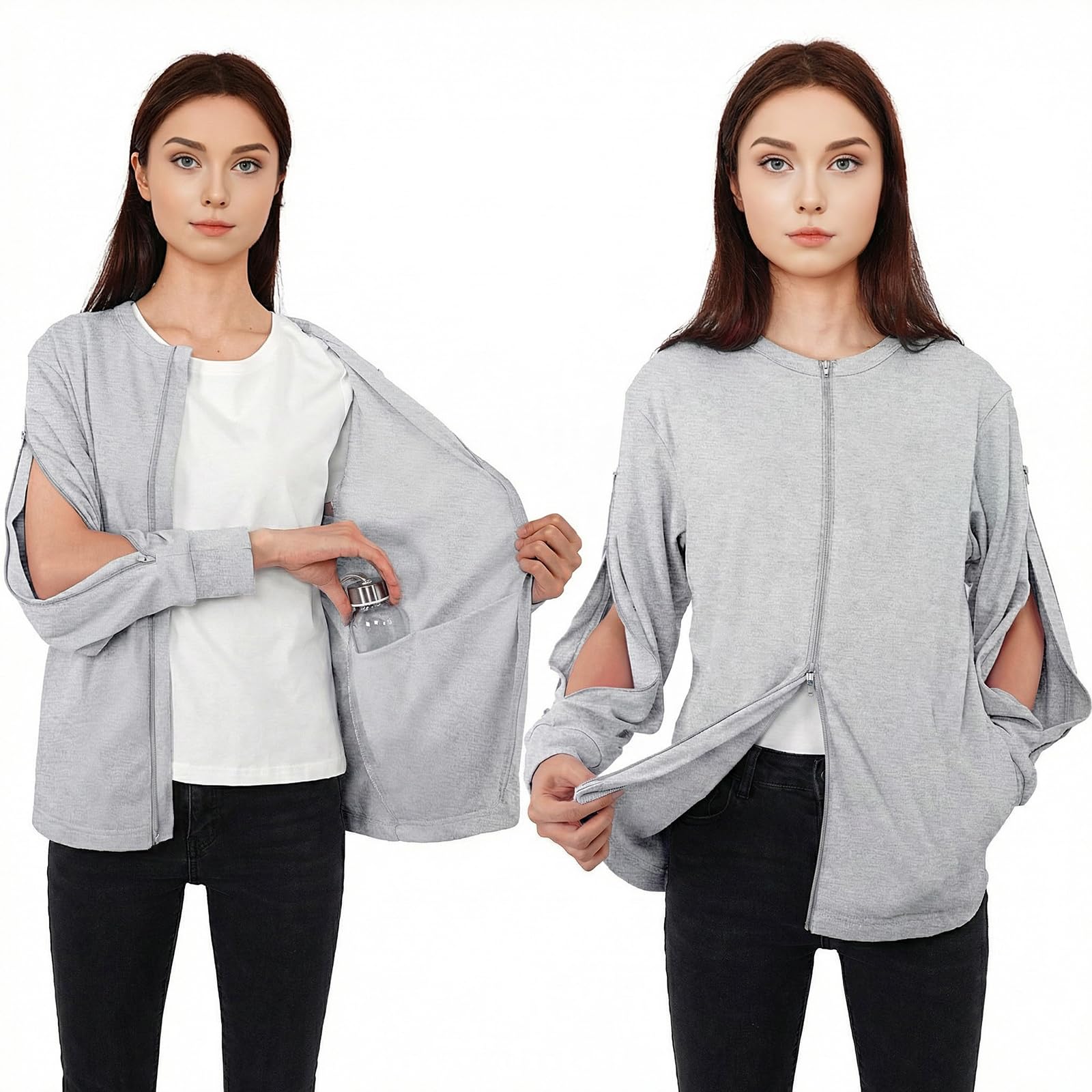 CEBIL Mastectomy Shirts with Drain Pockets & Dialysis Sweatshirts with Arm Zipper for Women, Clothing for Easy Port Access