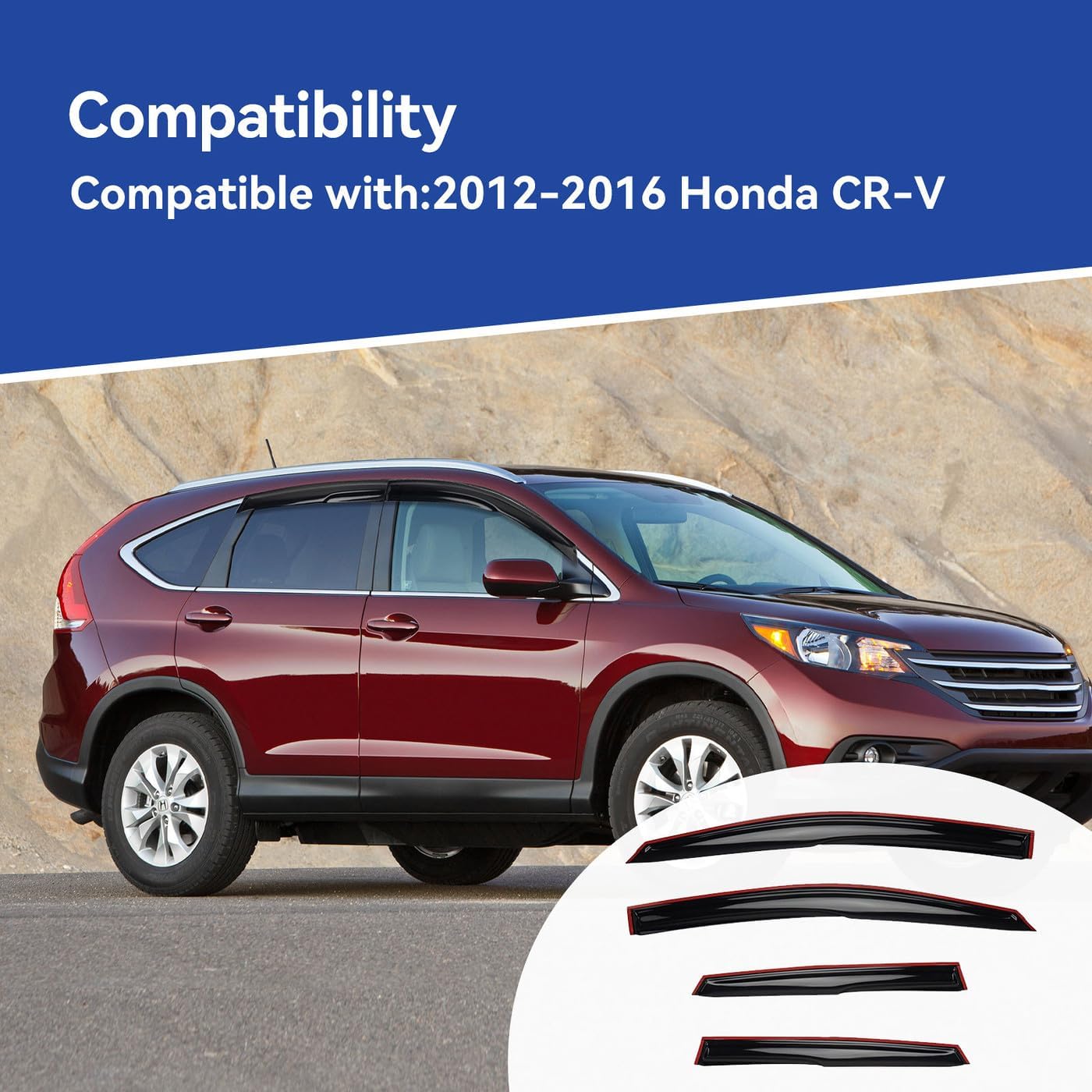 window rain guards compatible with 2012-2016 honda cr-v crv, 4pcs jdm 3d wavy mu style window visors outside mount type dark smoke tint tape-on side set of 4 for 2012-2016 honda cr-v