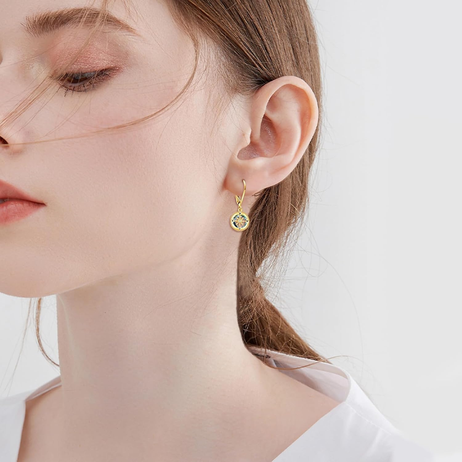 KECHO 10K Solid Gold Compass Earrings 10K Gold Crystal Compass Dangle Earrings Jewelry Gifts for Women - Image 2