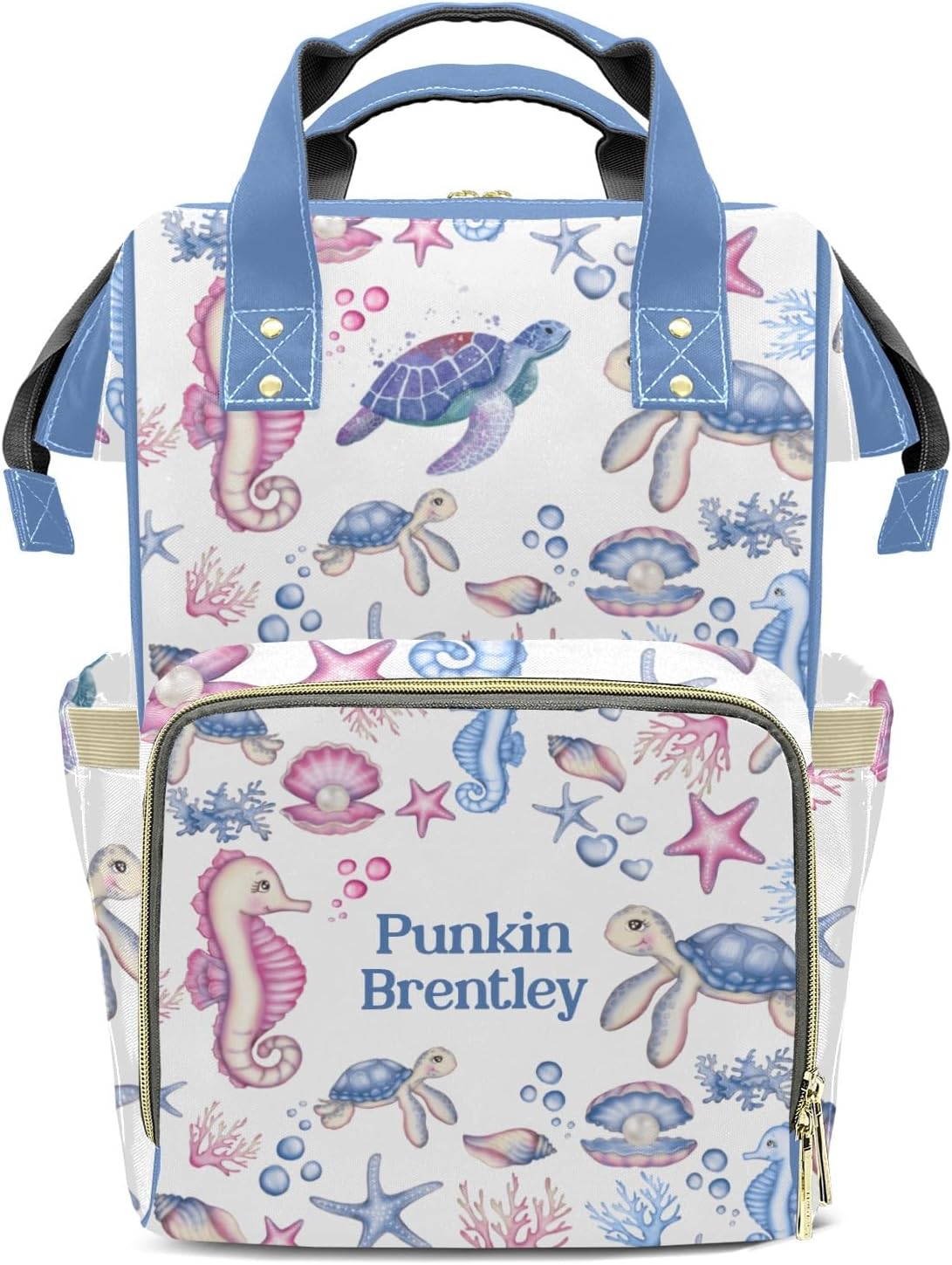 Sea Turtle Shells Personalized Diaper Bag Backpack with Name,Customized Nappy Backpack for Baby Girls, Multi-function Mommy Backpack for Travel Outdoor Nursing