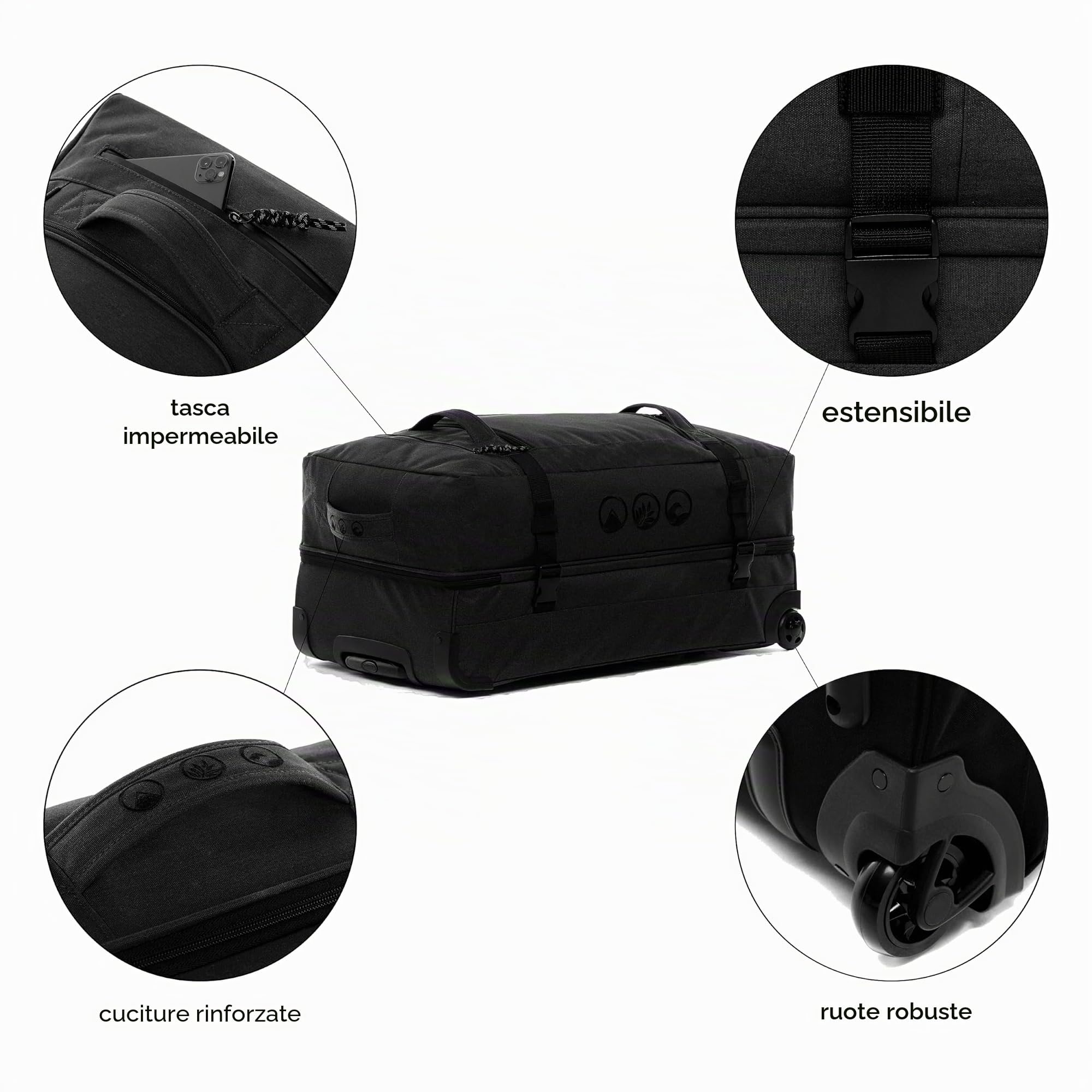Borsa da viaggio sostenibile PET riciclato KANE │ valigia sportiva trolley da viaggio uomo donna, da PET riciclato │ bagaglio resistente con 2 ruote XL-120l fatto a mano