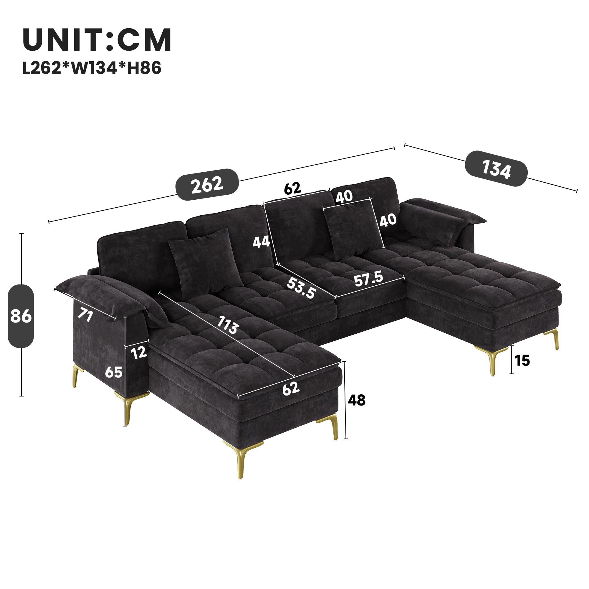 Merax Canapé d'angle en forme de U avec 2 méridiennes, canapé 4 places pour salon, housse chenille aspect nuage avec coussin en mousse double couche, noyau à ressorts ensachés, pieds en métal doré