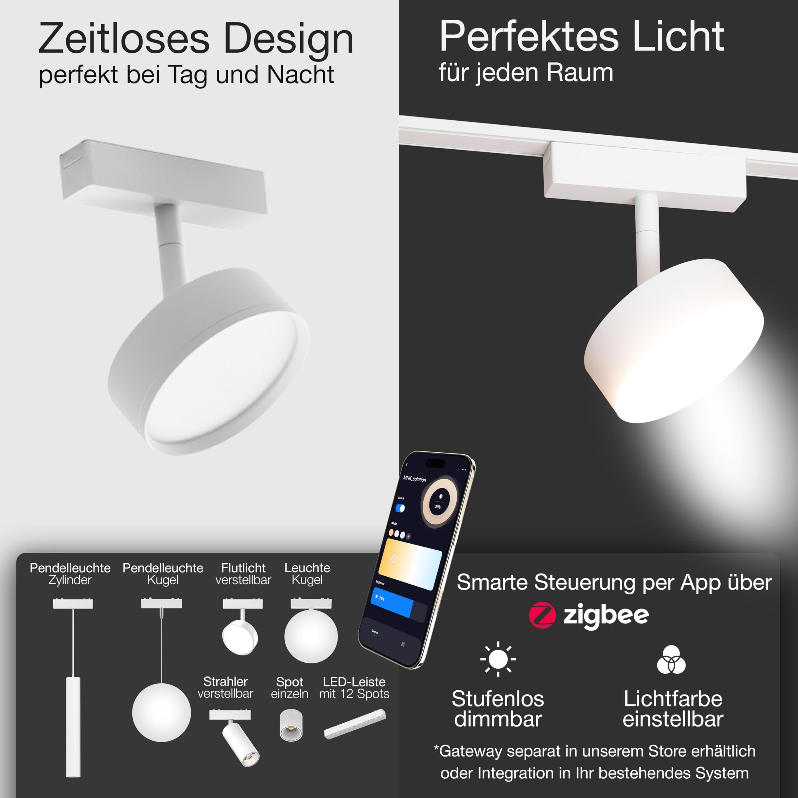 150° LED Strahler für Schienensystem – Zigbee dimmbar – 9W Deckenstrahler für Wohnzimmer, Küche, Esszimmer – moderne Deckenleuchte – Lichtschienensystem – Deckenlampe Weiß