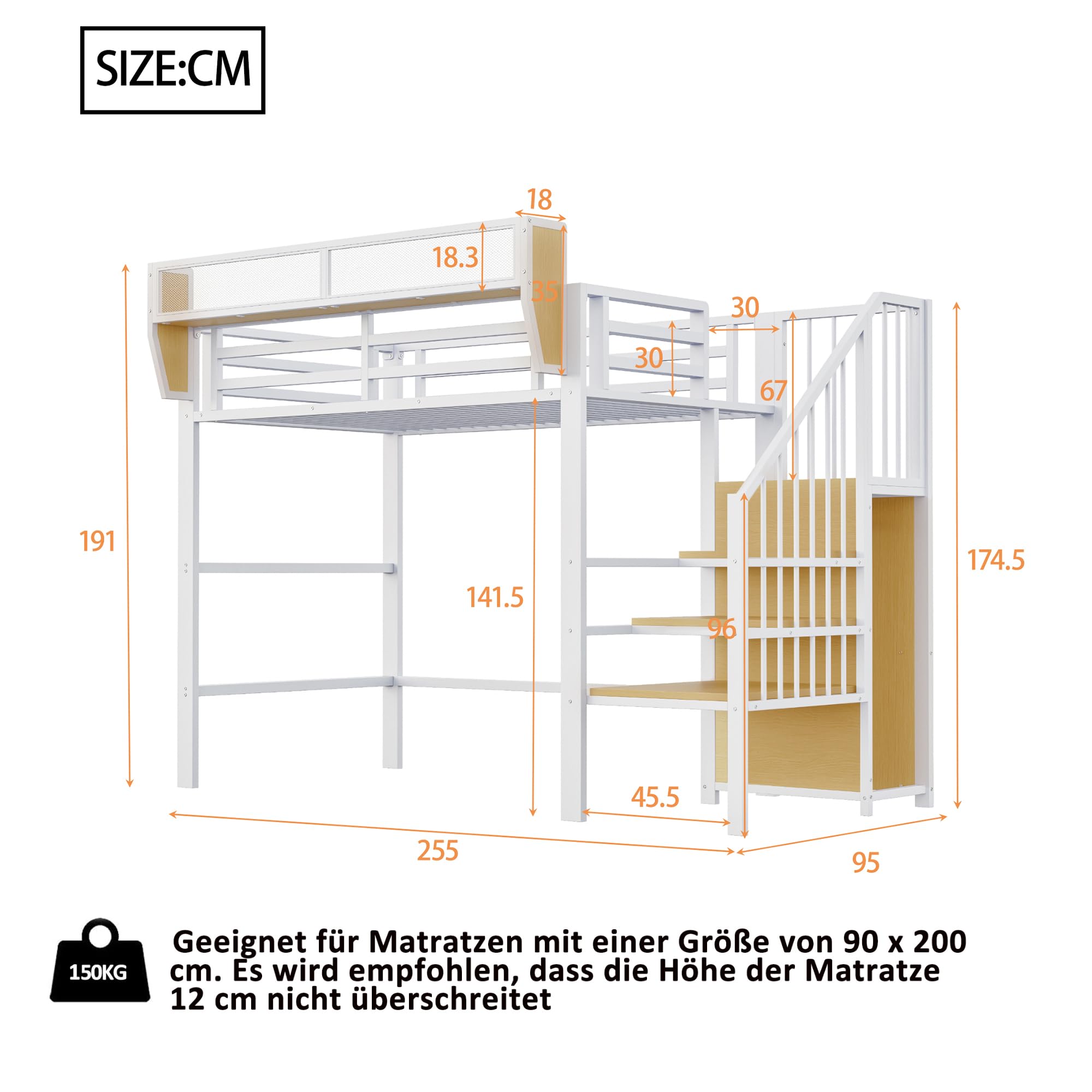 Moimhear Cama alta con escalera de seguridad y compartimento de almacenamiento flexible, cama de metal para adultos, cama para niños, litera (blanco, 90 x 200 cm)