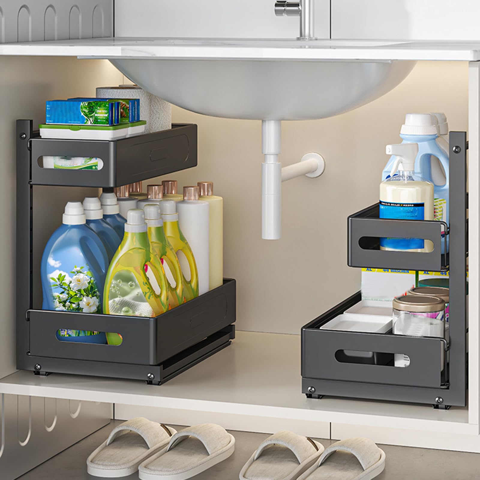 2 Niveaux Rangementr Sous Evier Cuisine et Salle de Bain, Tiroir Coulissant Cuisine Multi-Usage avec Installation Sans Perçage, Silencieux à Billes Acier (Blanc)