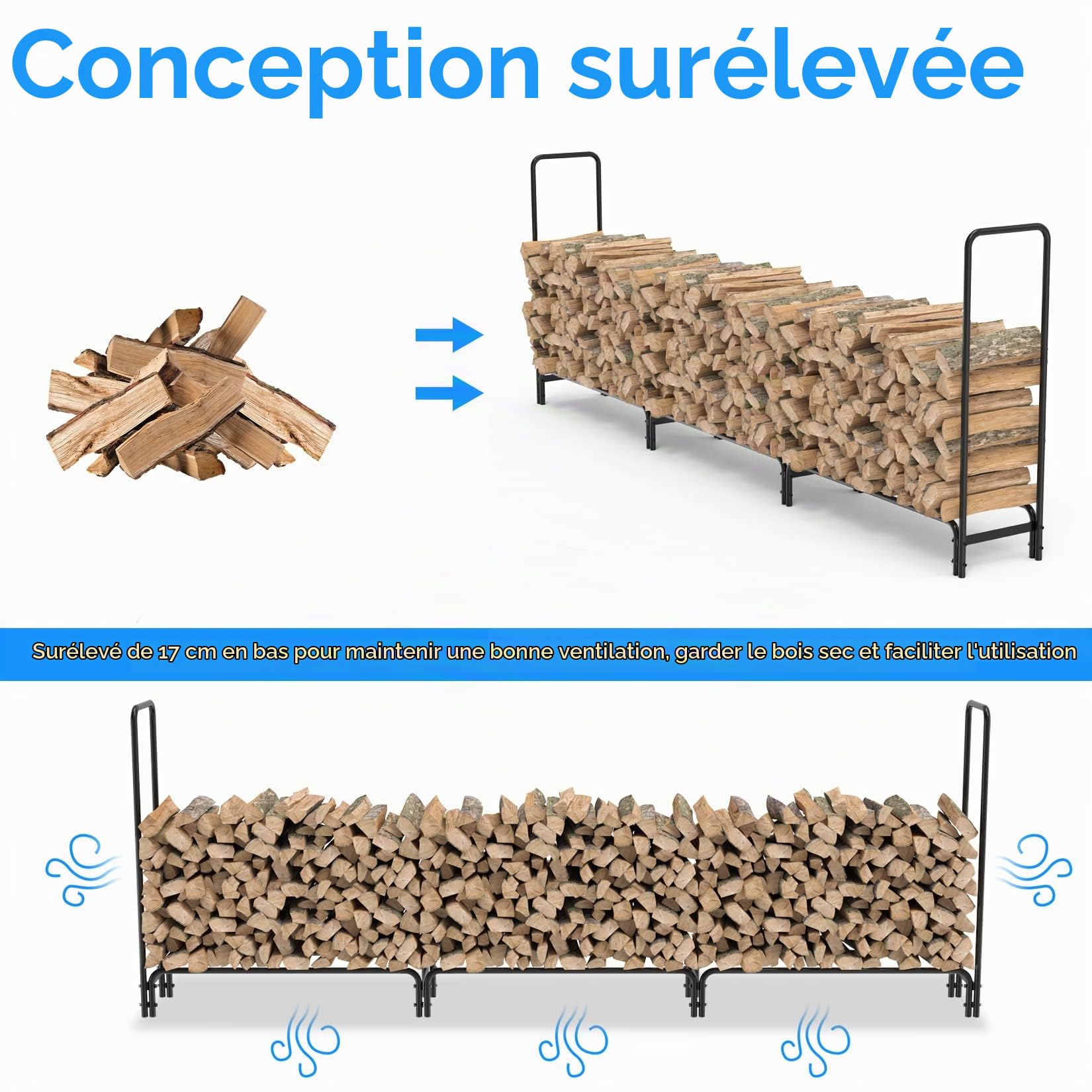 unho Range Bûche Extérieur Bois Jardin: 345x117x35cm Rangement Bûche Charge 408kg Serre Bûche XXL Porte Bûche Intérieur Étagère en Métal pour Bois de Cheminé