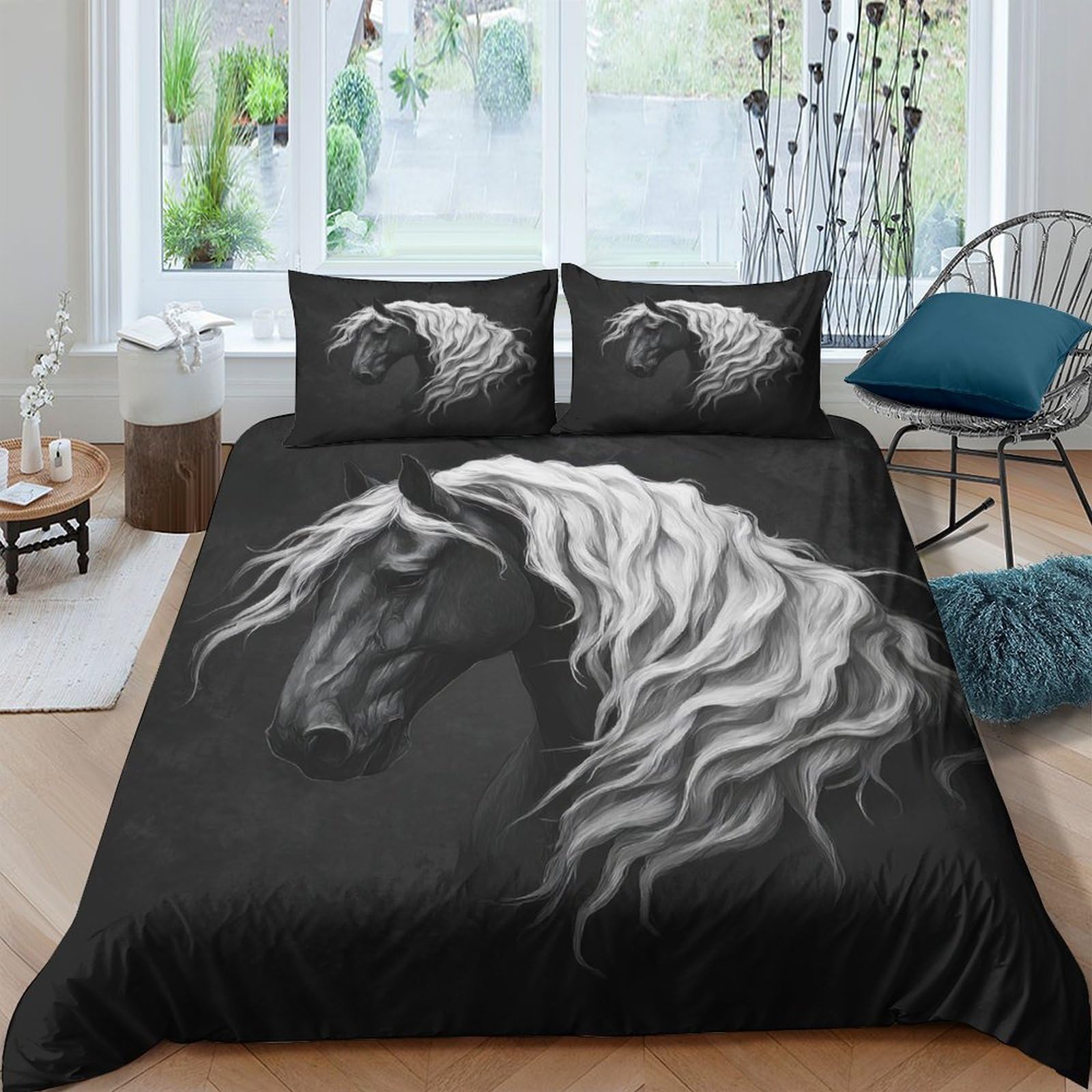 Ctjqhvkz Style-2 3D Printed Black Horse Fitted Sheet Microfiber Soft Breathable White Mane Bed Sheet For Bedroom Guestroom Mattress Cover Single（135X200cm）