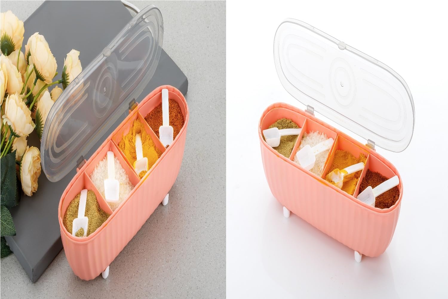 Airtight Multipurpose Storage Box with 4 Grids & Spoons (Pack of 2, Pink) | Masala Box & Fridge Organizer for Spices, Snacks, Pickle, Salt, Dry Fruits | Plastic Freezer-Safe Kitchen Containers