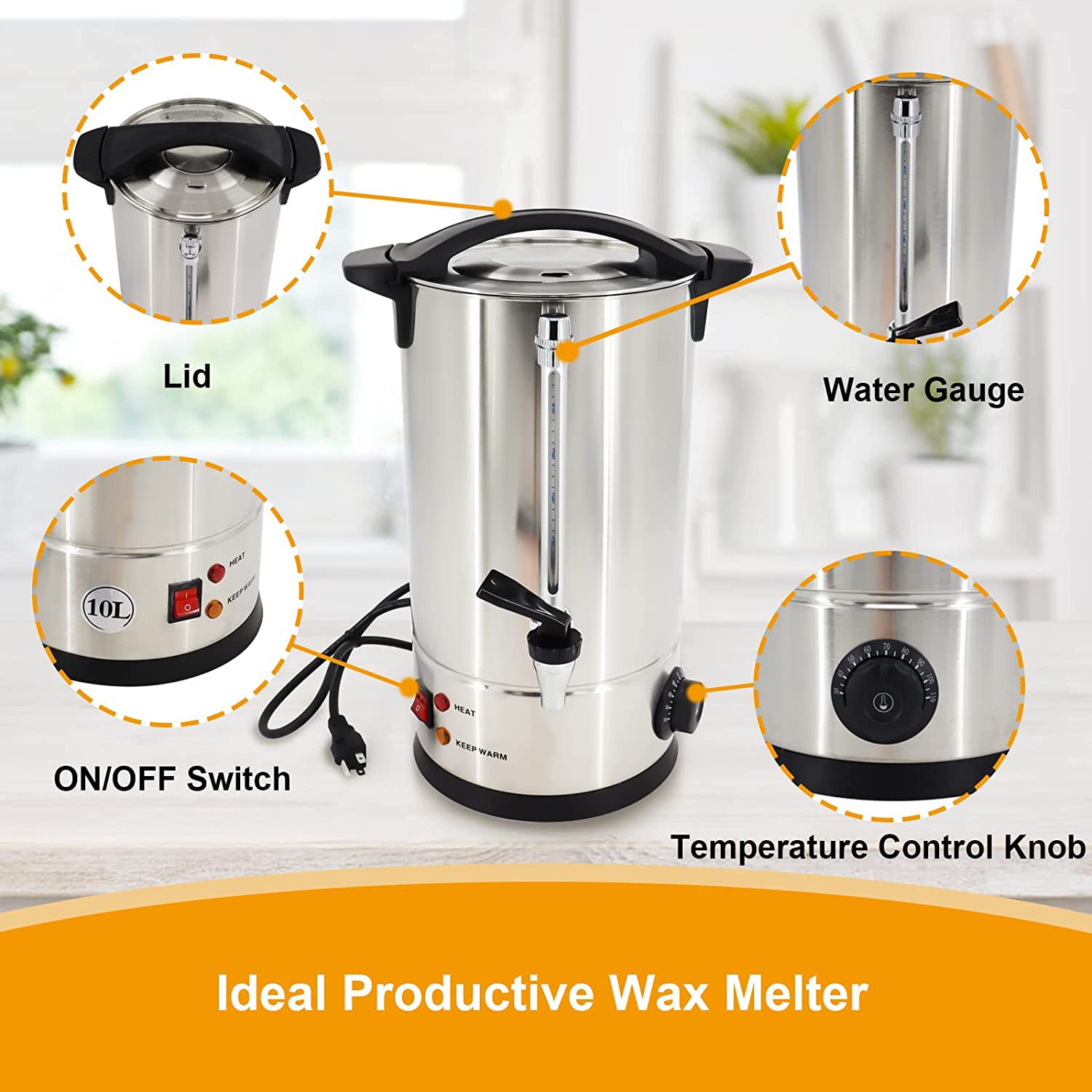 Melter de Cera para la fabricación de Velas con Boquilla, 8L Gran Capacidad con Control de Temperatura, Potable para derretir Todo Tipo de Cera, Incluido el jabón.,B