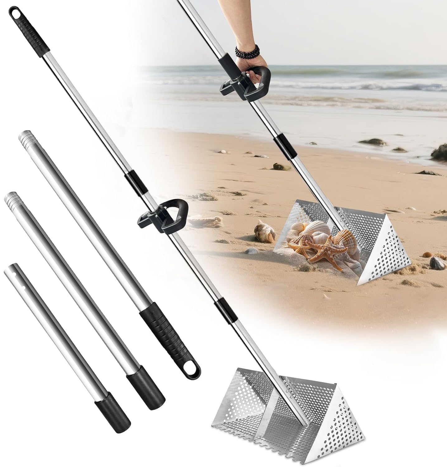 Rastrello per pulci di sabbia in acciaio inossidabile, Setaccio per sabbia con manico staccabile lungo 140 cm, con manico antiscivolo, per la spiaggia
