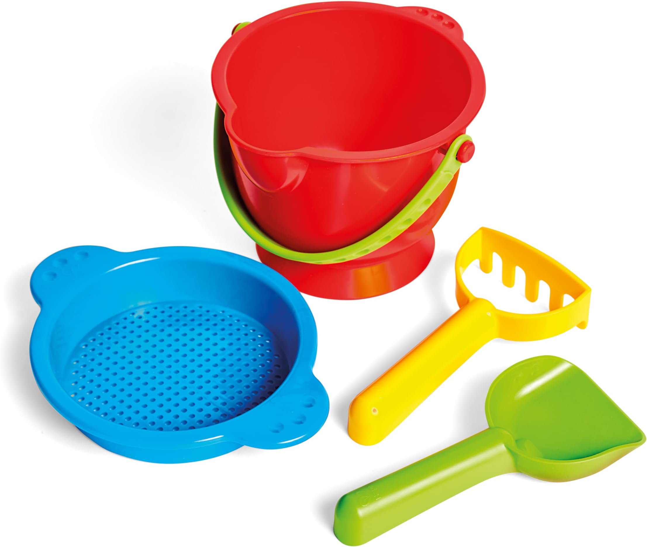 Hape Beach Basics Sand Toy Set Including Bucket Sifter, Rake, and Shovel Toys| Sand Toy Playset for Toddlers 18M+