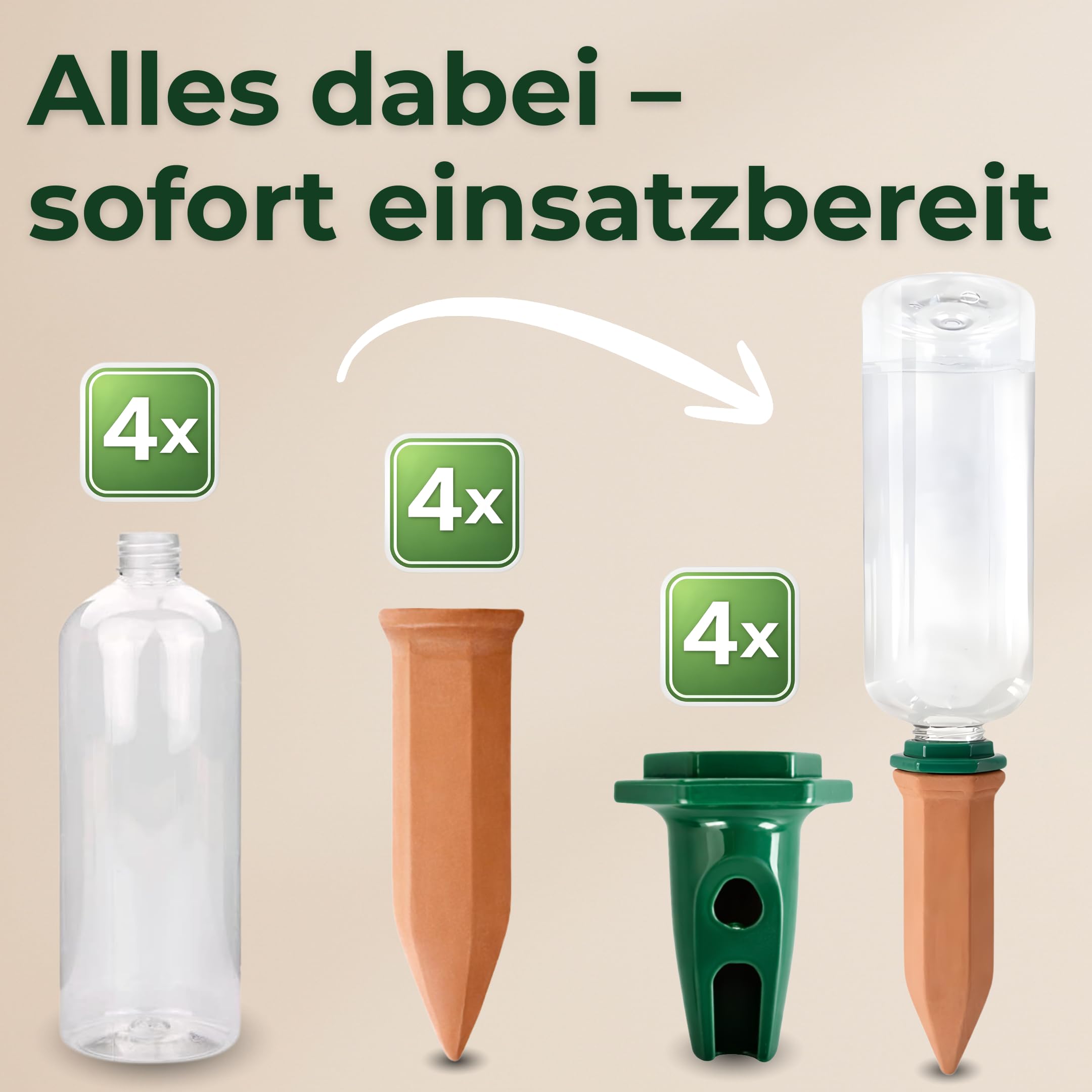 Bewässerungssystem für Pflanzen – Tonkegel Set inkl. Adapter & 750 ml PET-Flaschen – automatische Urlaubsbewässerung für Zimmerpflanzen & Balkon