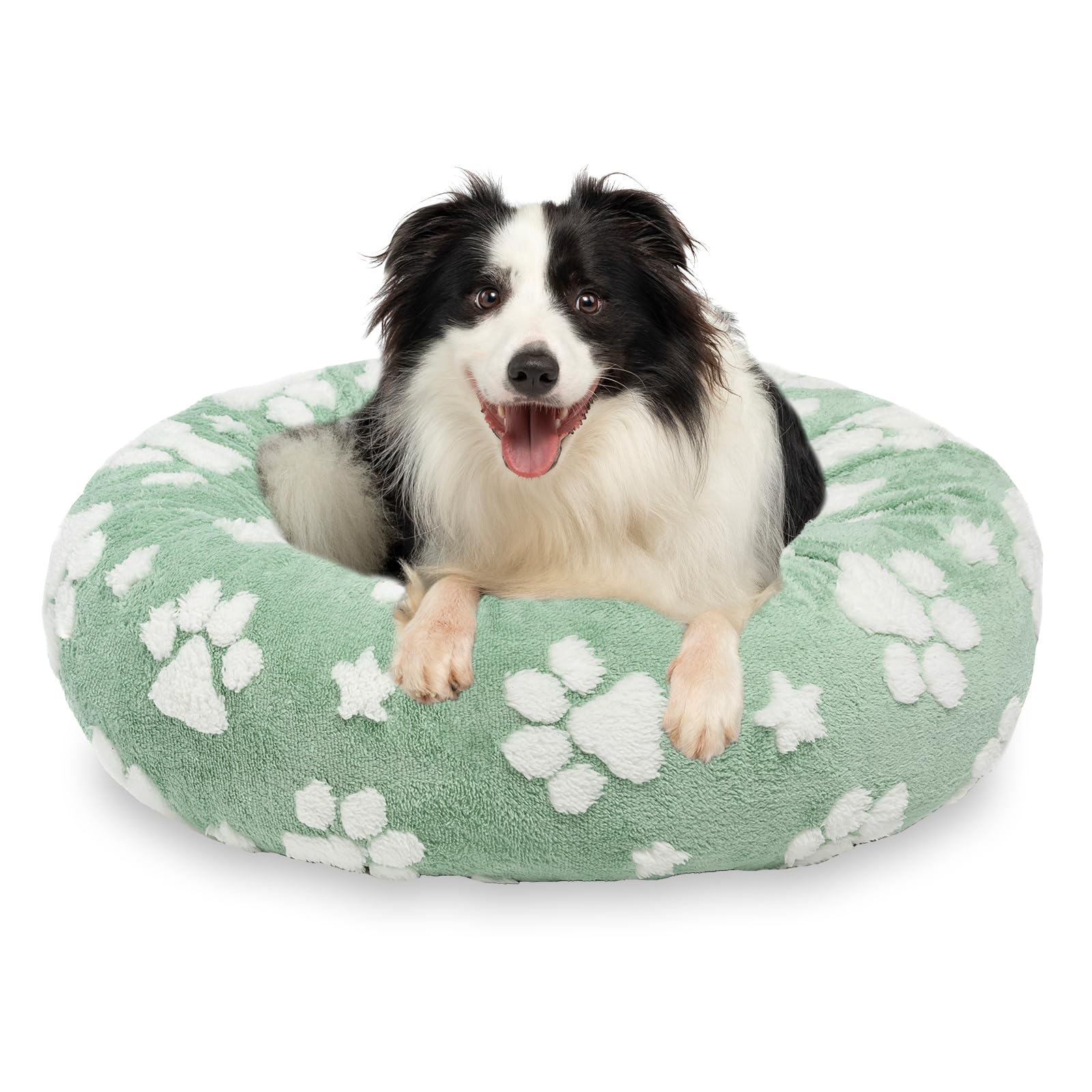 Yaning Donut Dog Beds for Medium Dogs, Calming Round Cat Beds for Indoor Cats, Cute 3D Textured Paw Pet Bed with Removable Washable Cover and Anti-Slip Bottom（Green，30"）