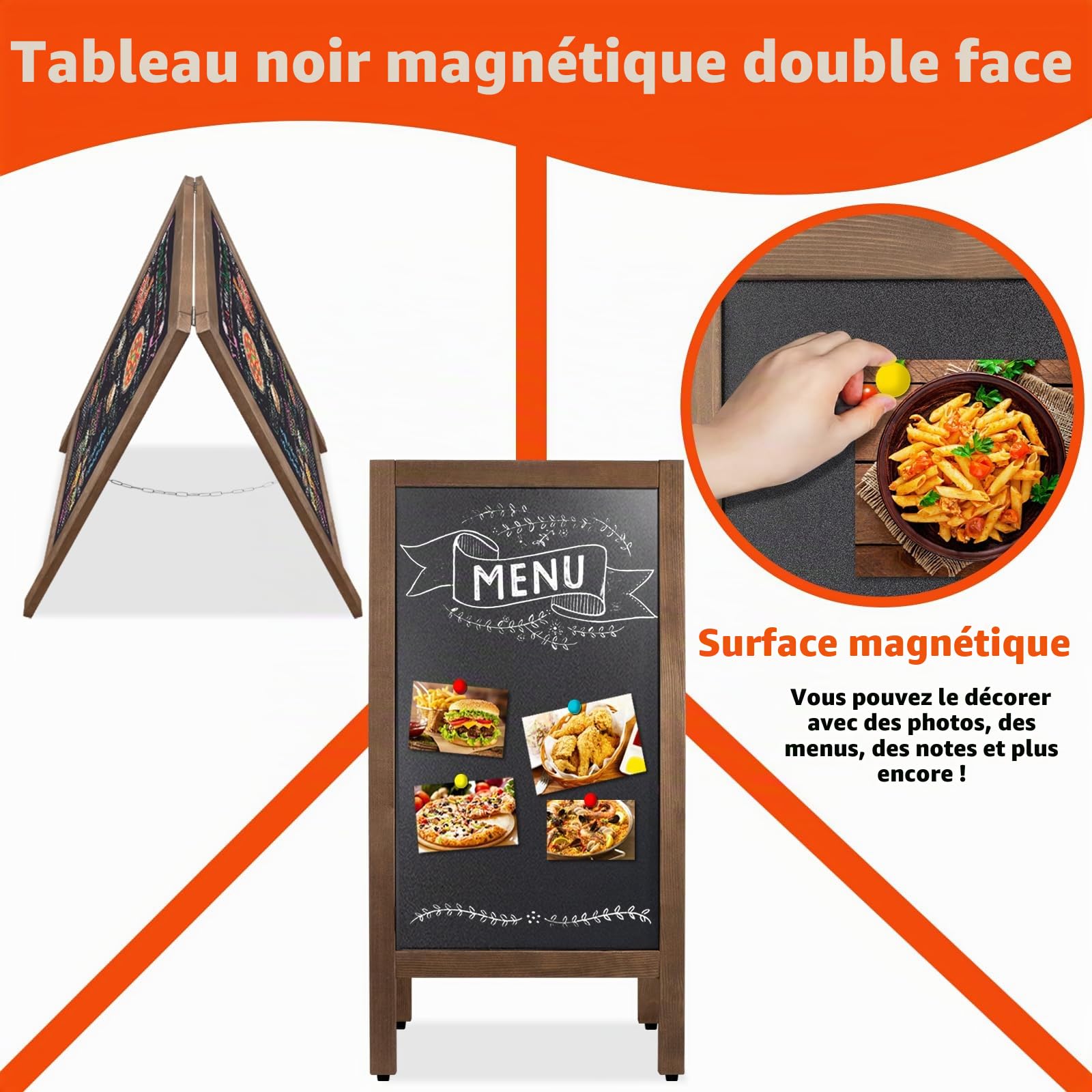 Chevalet Publicitaire Extérieur 105x45cm Tableau Noir Magnétique Double Face Grand Panneau, Tableau à Craie Stop Trottoir, Chevalet Bois Pour Pour Menu Sandwich Restaurant, Bar, Fête, Commerce