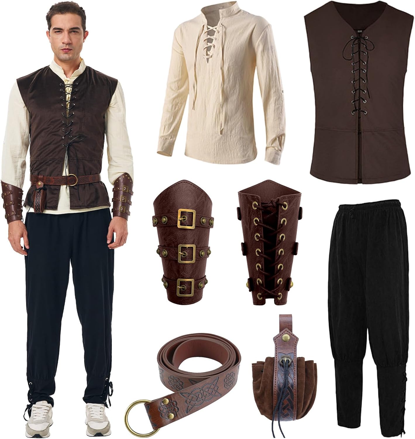 7PCS Mens Renaissance Costume Medieval Viking Outfit Pirate Shirt Pant Tunic Vest Belt Accessories for Halloween