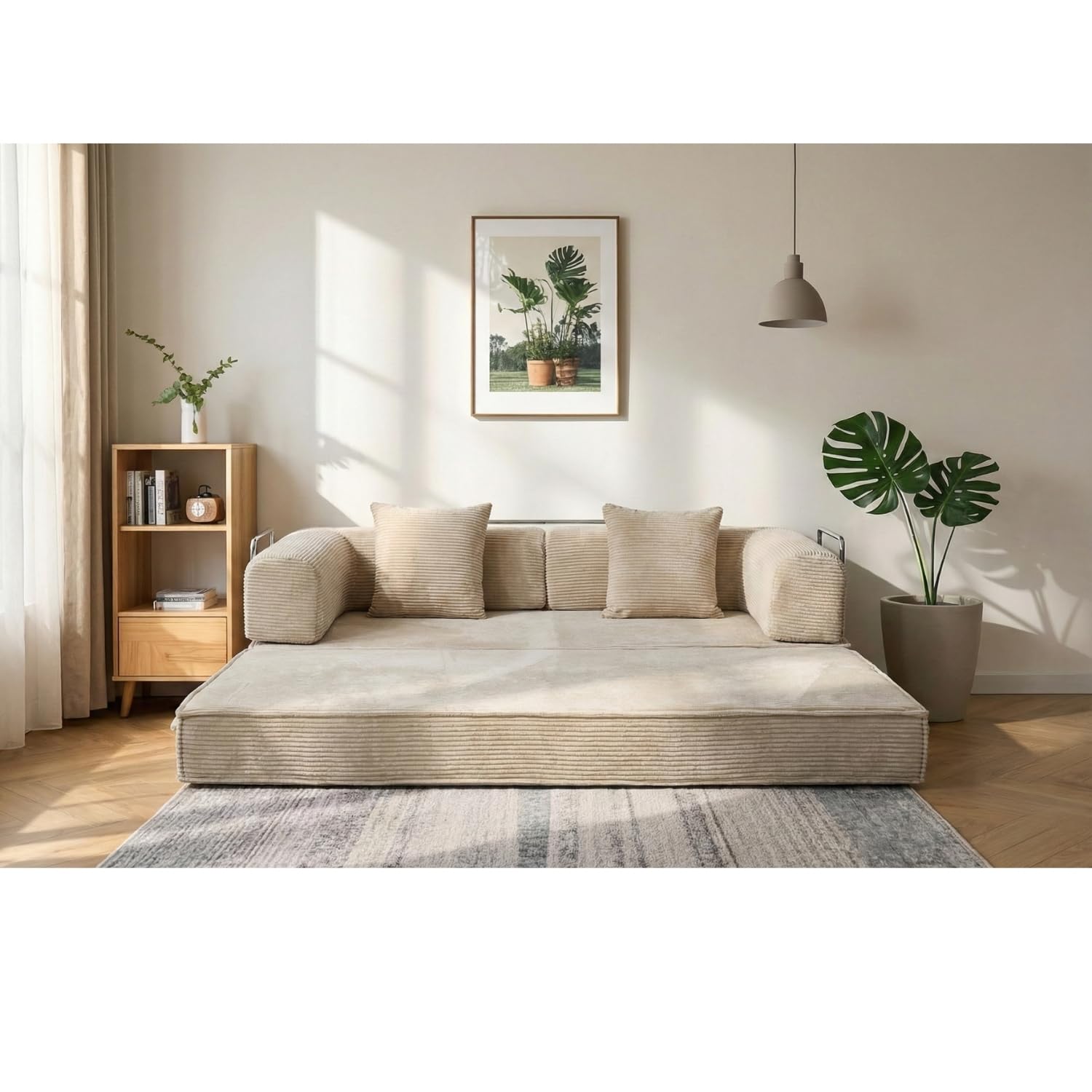 GEDTECH ARMANA 3 Places Convertible Lila en Velours côtelé Beige, modulable, Confortable, Structure en métal - Convertible, Multifonctionnel, livré compressé, Moderne et Personnalisable