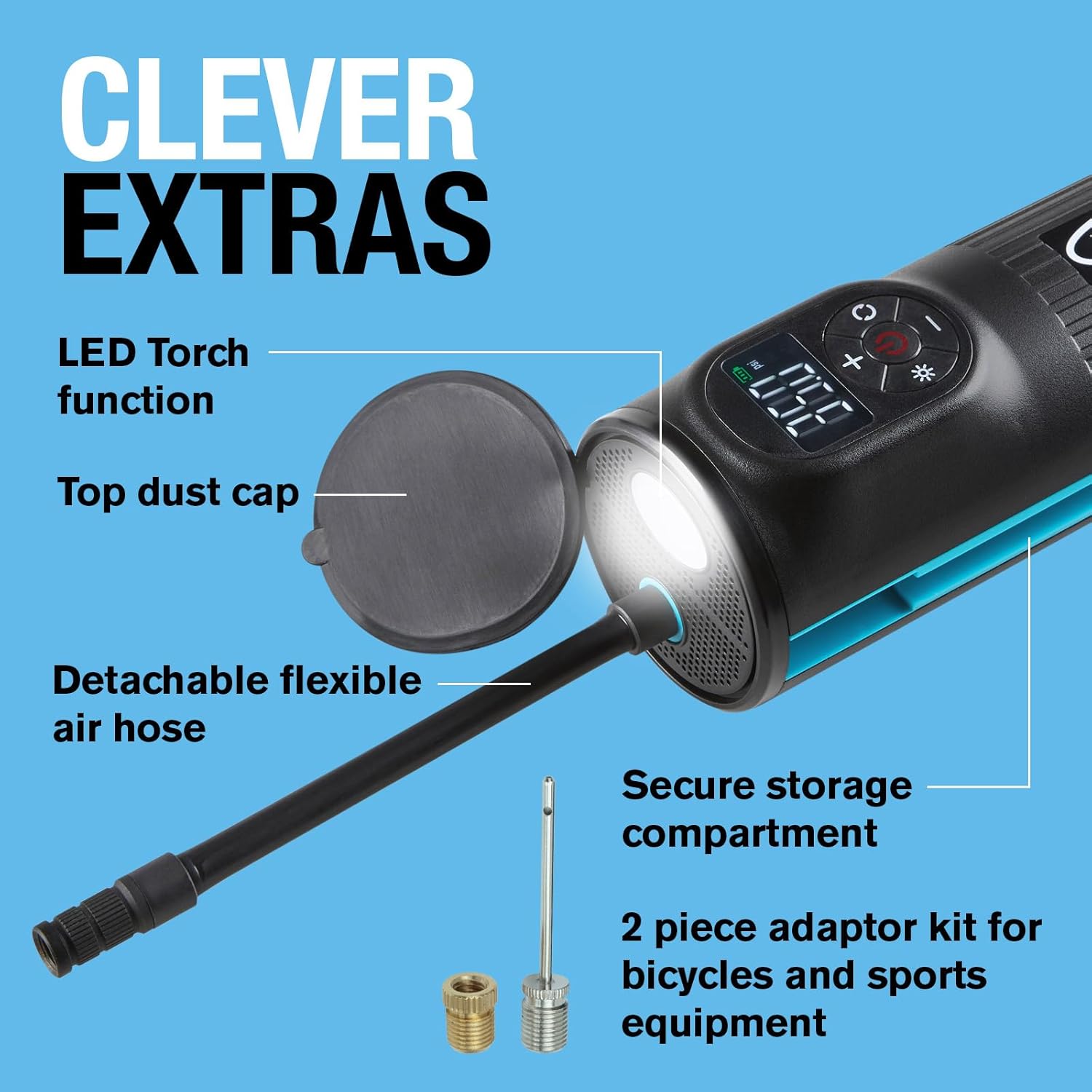 Inflator inoratidza pombi yemukati neadapter yekuchengetera, uye tochi ye LED