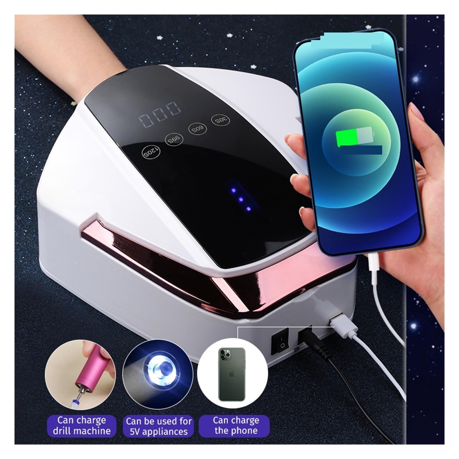 Lampara Uñas Semipermanentes, Lámpara de uñas LED UV Recargable inalámbrica con lámpara LED UV de 96 W Secador de uñas Manicura de Secado rápido Pedicura,para el hogar y el salón de uñas