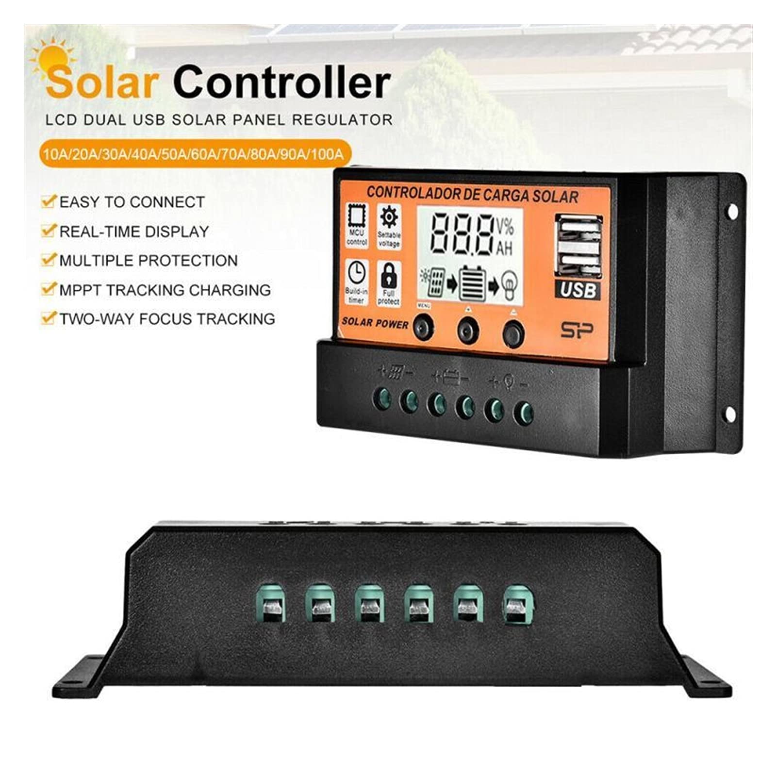 Solarladeregler Straßenlaterne MPPT/PWM. Solarenergie-Ladungsregler dual USB 12V / 24V Auto Solar Panel Controller Spannungsregler Solarregler (Color : As Show, Current : 60A)