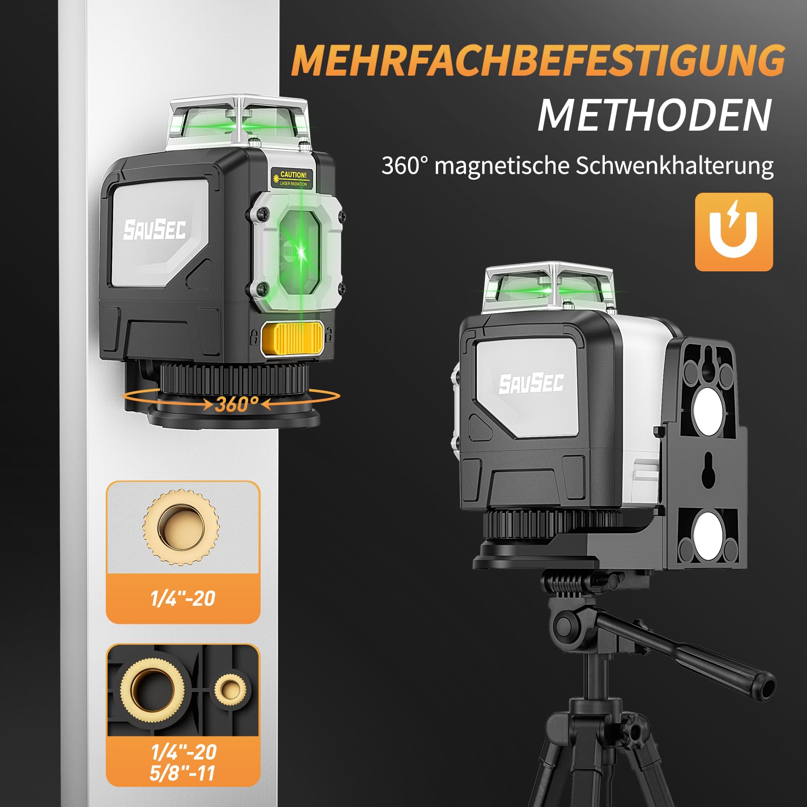 Niveau à bulle laser SAVSEC vert, 1 × 360° Laser en croix auto-nivelant, 5 lignes 45 m Niveau à bulle laser en croix avec mode manuel, automatique et impulsion pour chantier de construction intérieur