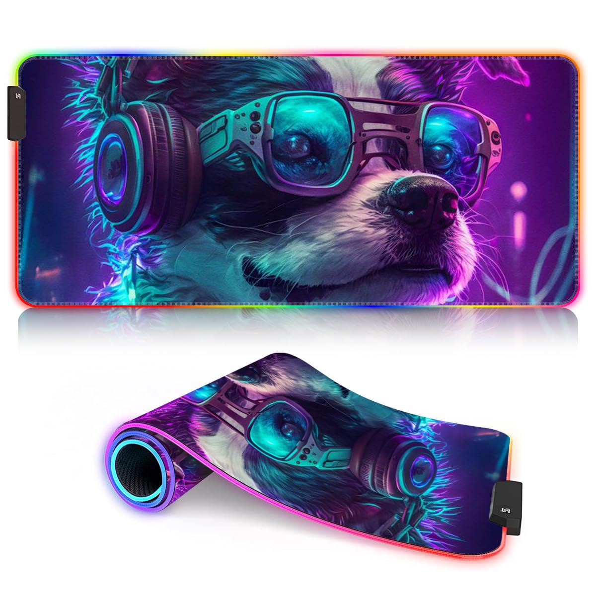 Tastatur- und Mauszubehör, cooler Hund, der Musik spielt, ROG-Tastatur-Mauspad, LED, langes Computer-Tastatur-Mauspad (60 x 35 x 0,3 cm), Computer-Schreibtischunterlage