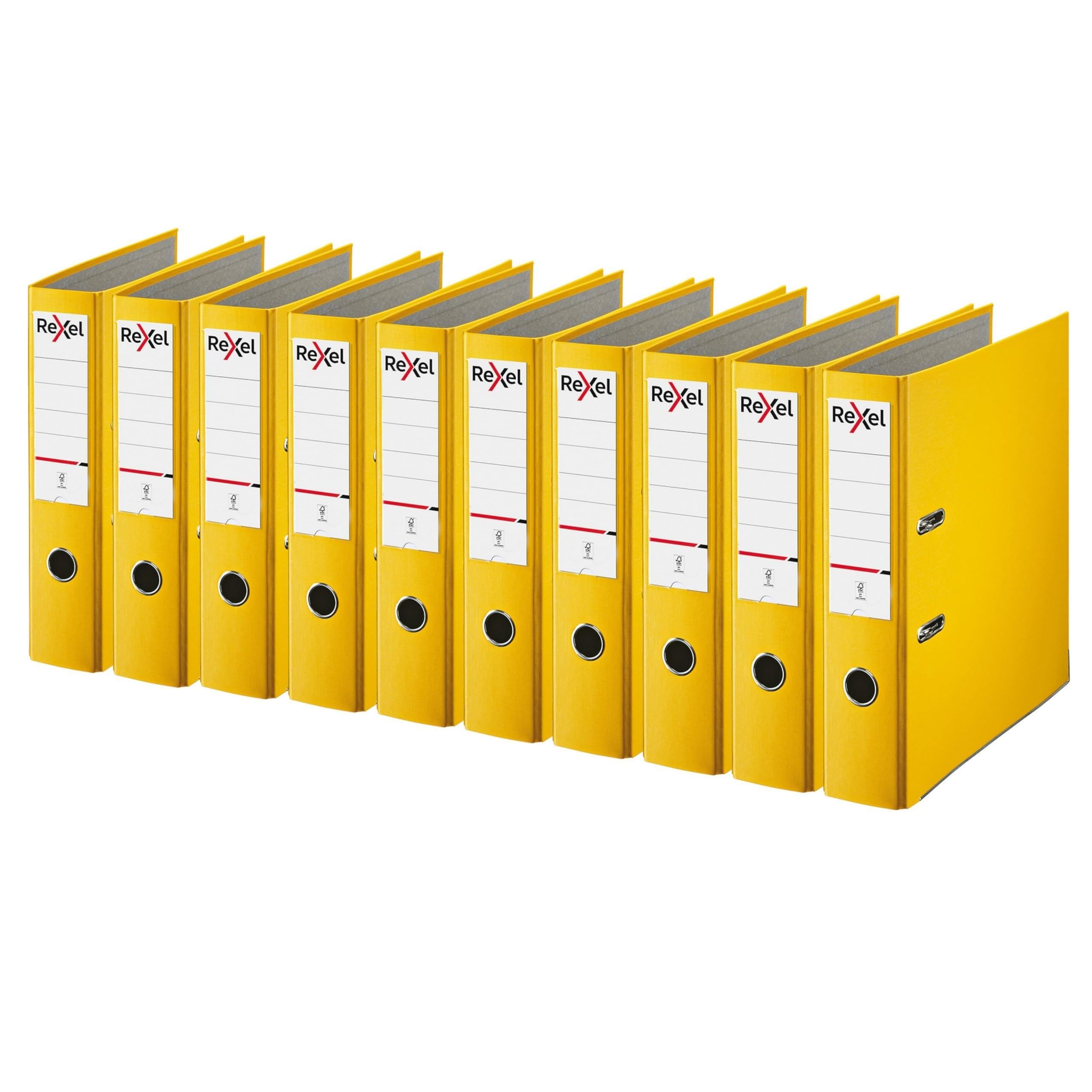 Rexel A4 Lever Arch Files, Yellow Polypropylene Filing Folders, Durable PP ECO 75 mm Spine Holds Up to 500 Sheets, for A4 Document Storage and Everyday Filing, Pack of 10
