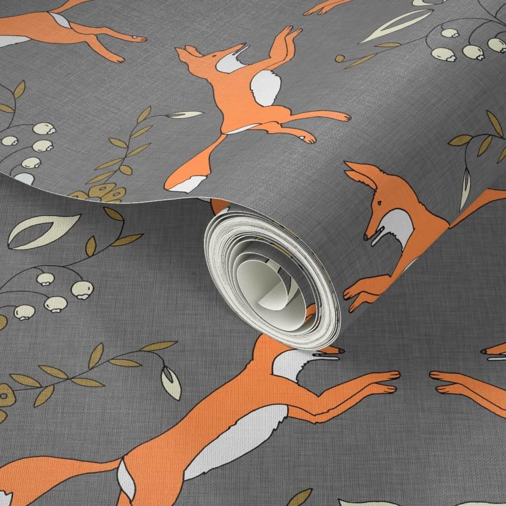 Peel & Stick Wallpaper 3ft x 2ft - Small Fox Orange Gray Floral Spring Custom Removable Wallpaper by Spoonflower