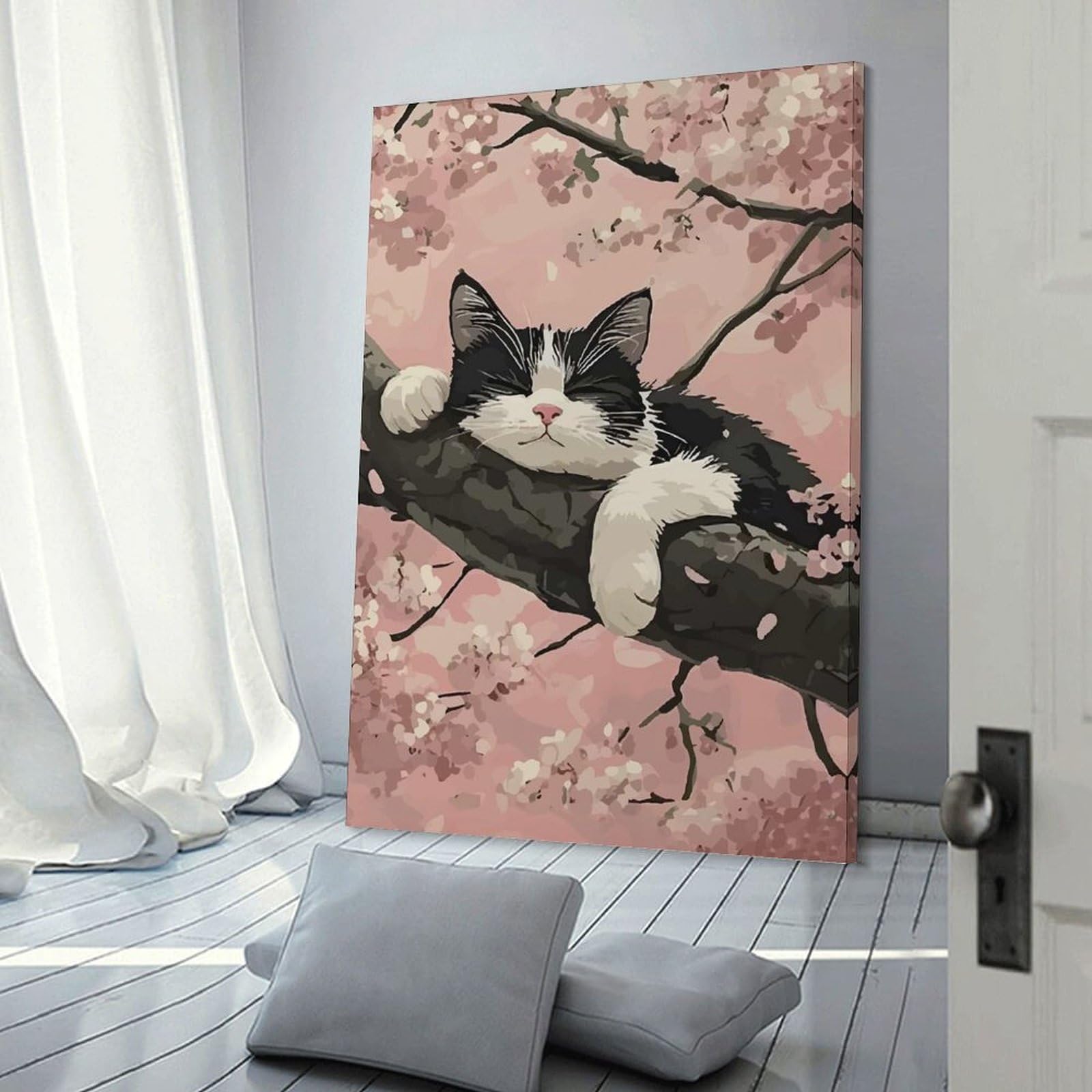 Junmoney Sleeping Cat in Cherry Blossoms Wall Decor Canvas Print, 20x30inch(50x75cm), for Home Lounge, Bedroom Or Reading Nook, Decorative Artwork for Empty Walls