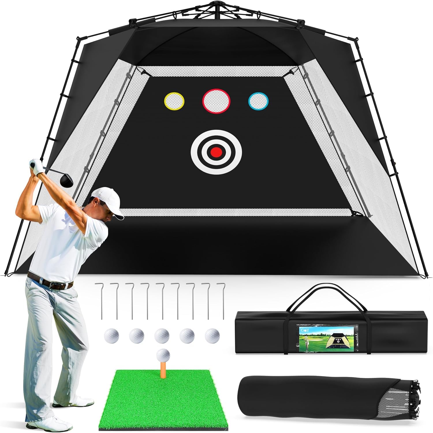 Golf Net, Easy POP UP Golf Practice Hitting Nets with Turf Mat, Easy to Install 10x7.5FT All in 1 Hitting Aid Backyard Driving Chipping Swing Training, Idea Gifts for Men