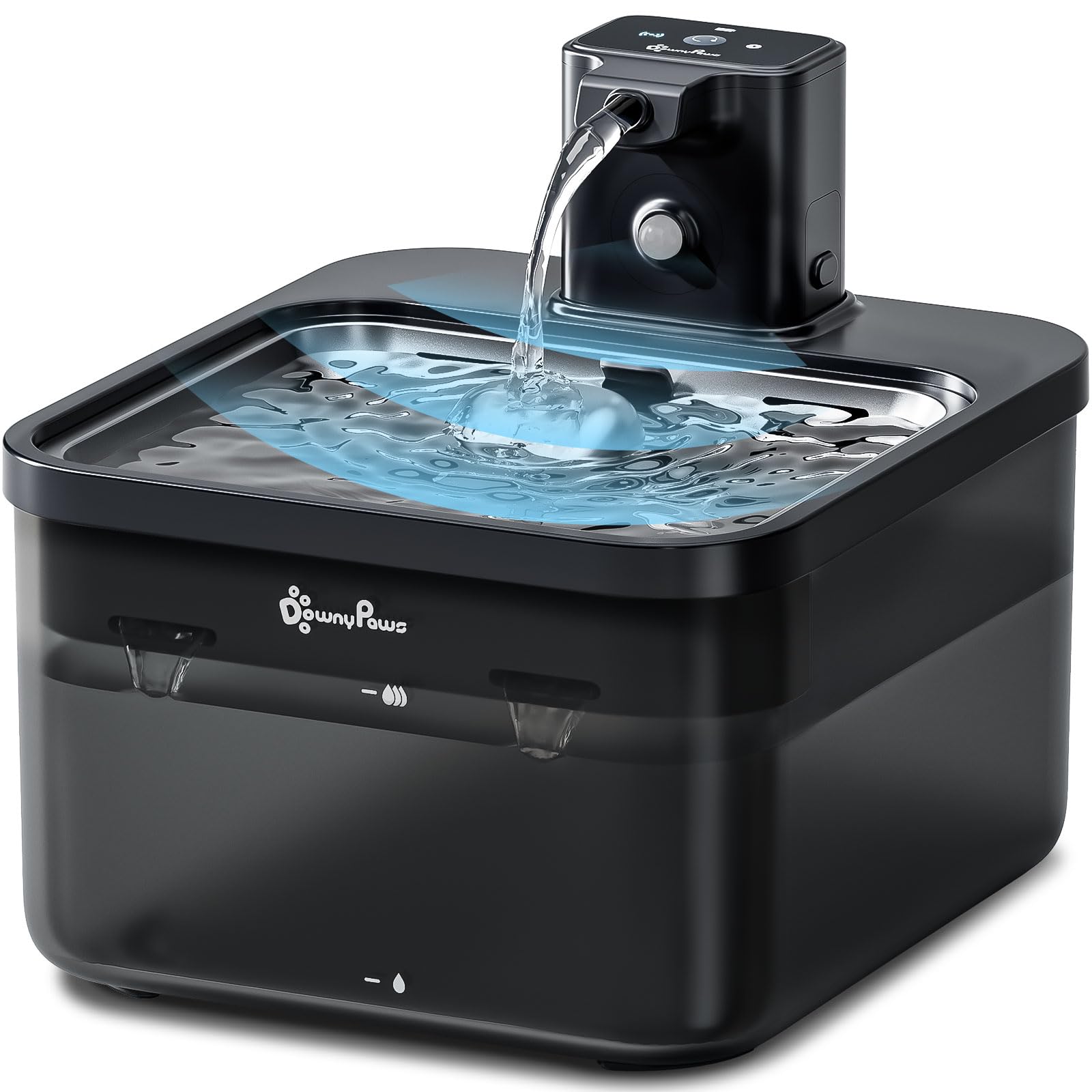 DownyPaws Fontanella per Gatti Senza Fili con Vassoio in Acciaio, Alimentazione a Batteria da 4000mAh, 2,5 L Ultra Silenziosa Fontanella per Gatti con Sensore, Nero