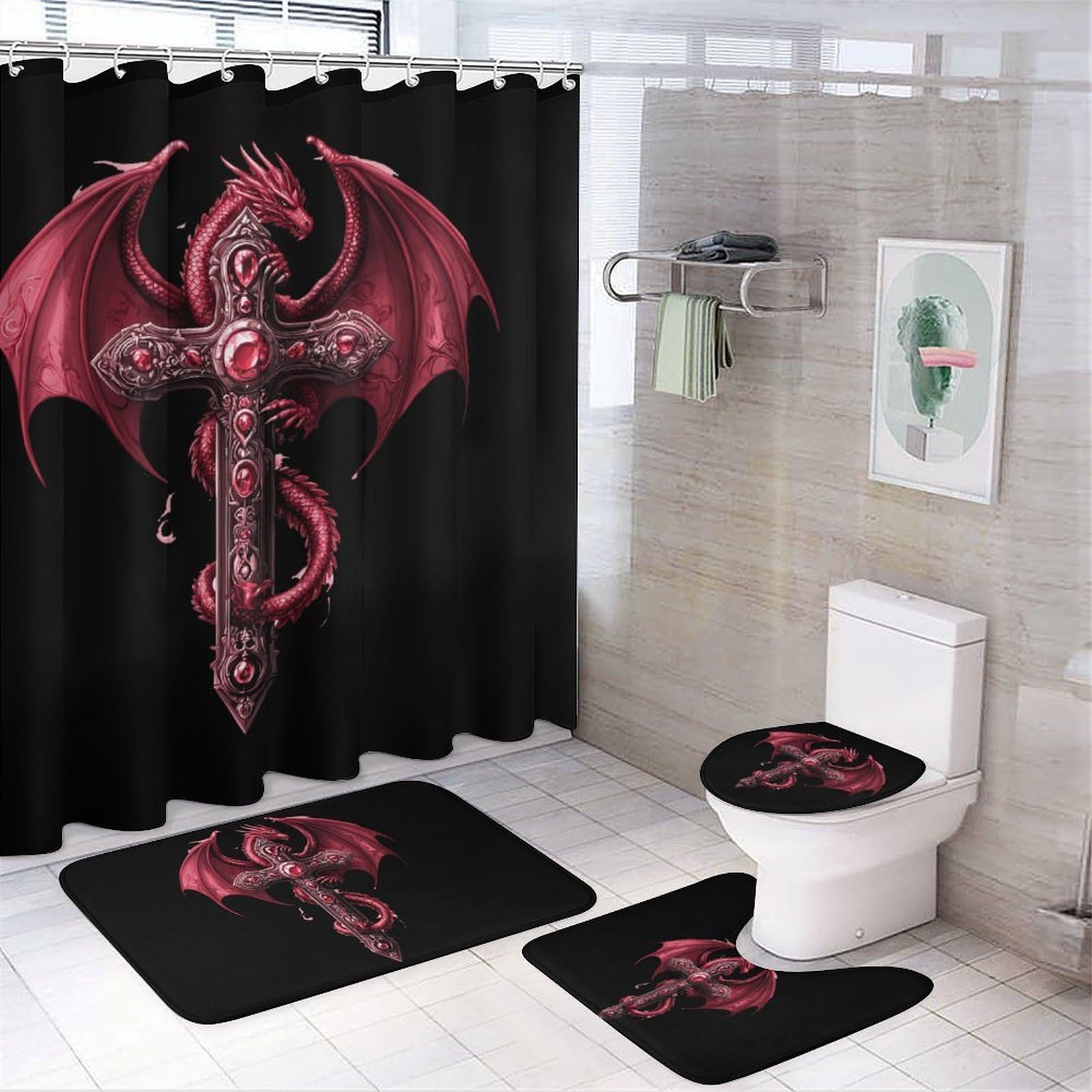 CGSBNGHA Dragon-Crosses Shower Curtain Set 4 Piece Bathroom Sets with Rugs Toilet Lid Cover And U-Shaped Floor Mat