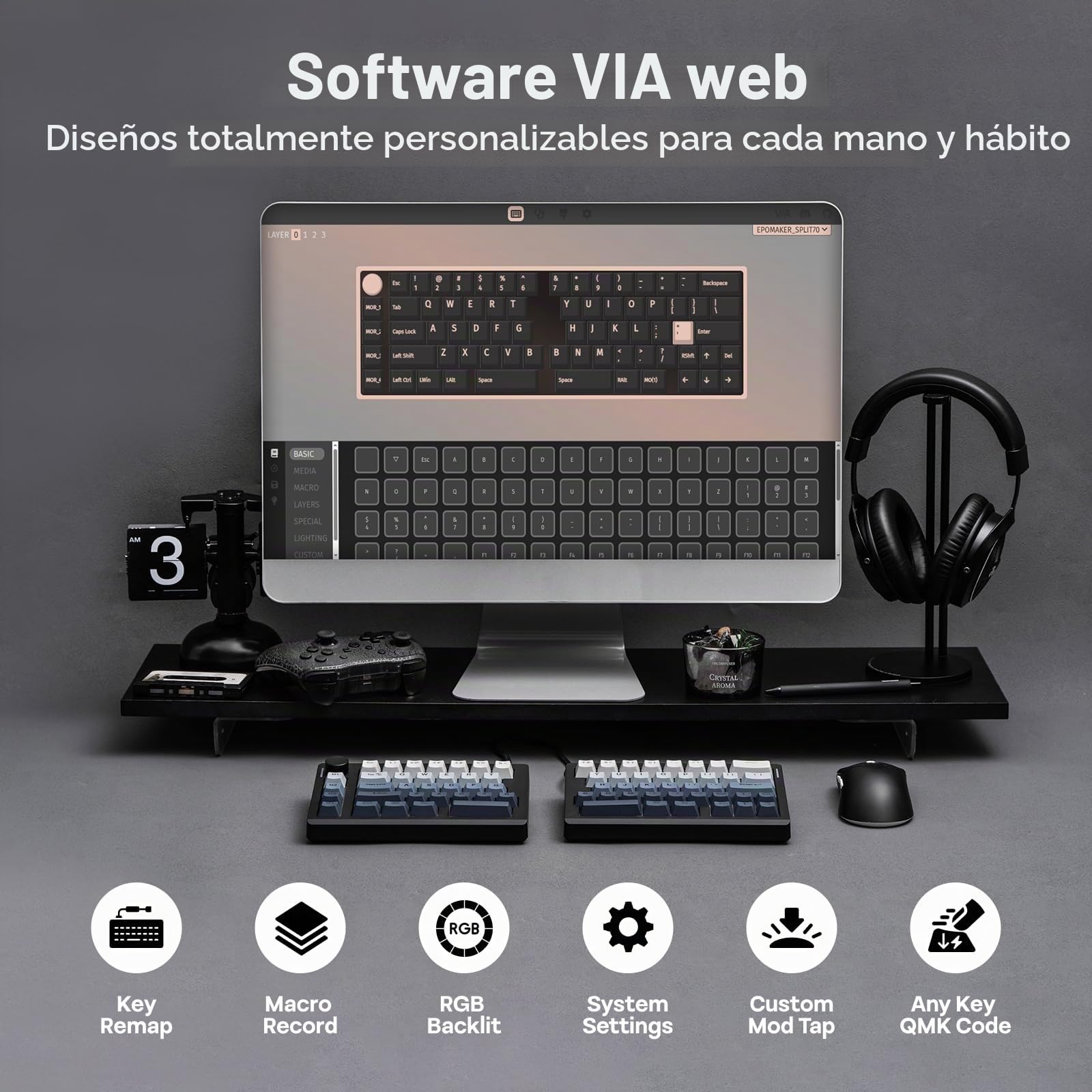 EPOMAKER Split70 Teclado Ergonómico Inalámbrico con QMK/Via y Perilla, Teclado Mecánico Gaming con RGB, Hot-Swap, Switch Lineal Lubricado, Teclas PBT, Gasket, QWERTY US 70%, para Mac/Win (Negro)