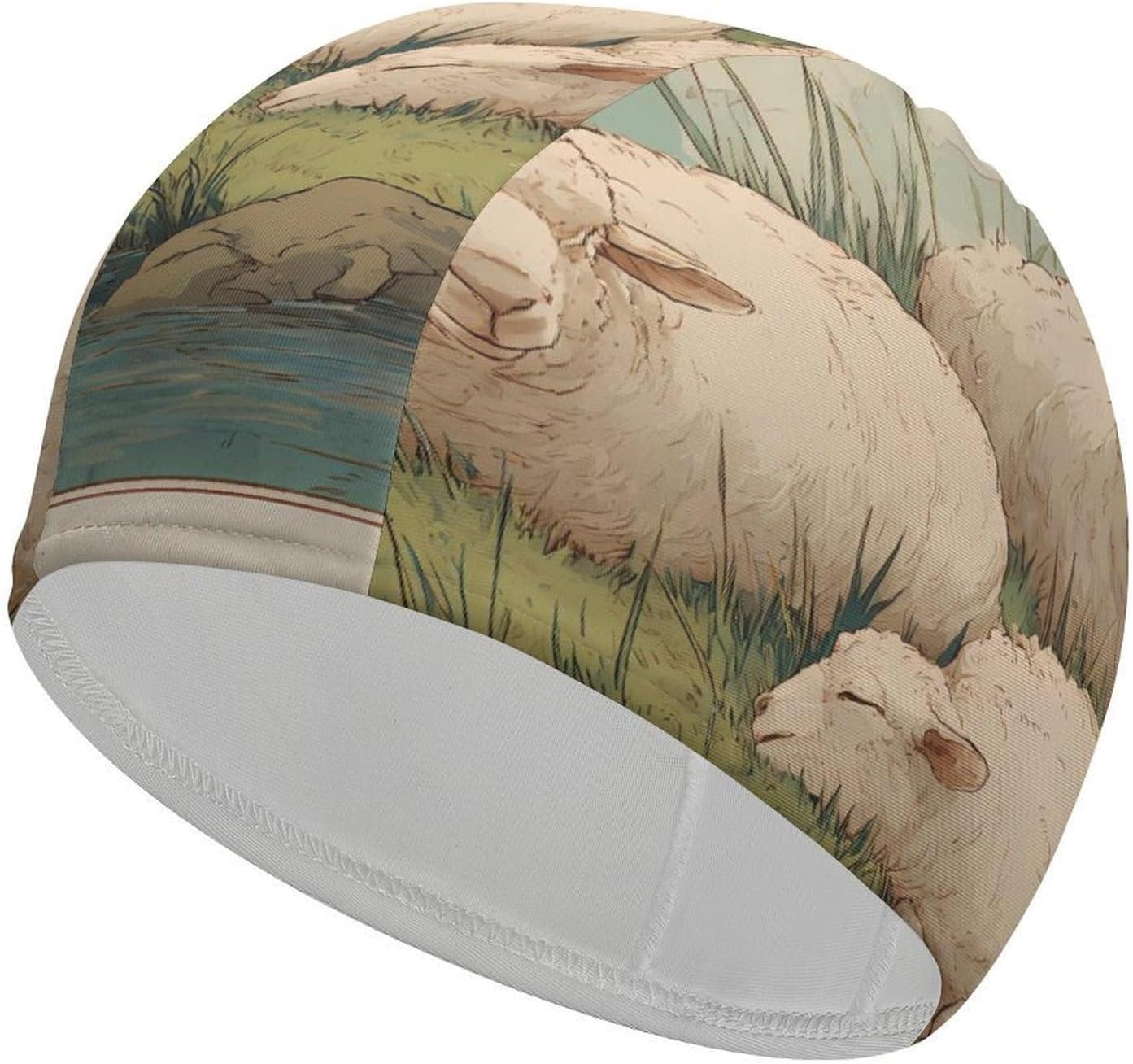 Sheep Laying On Grass Near Water Womens Swim Cap for Men Adult Swimming Hat Curly Short Medium Long Hair