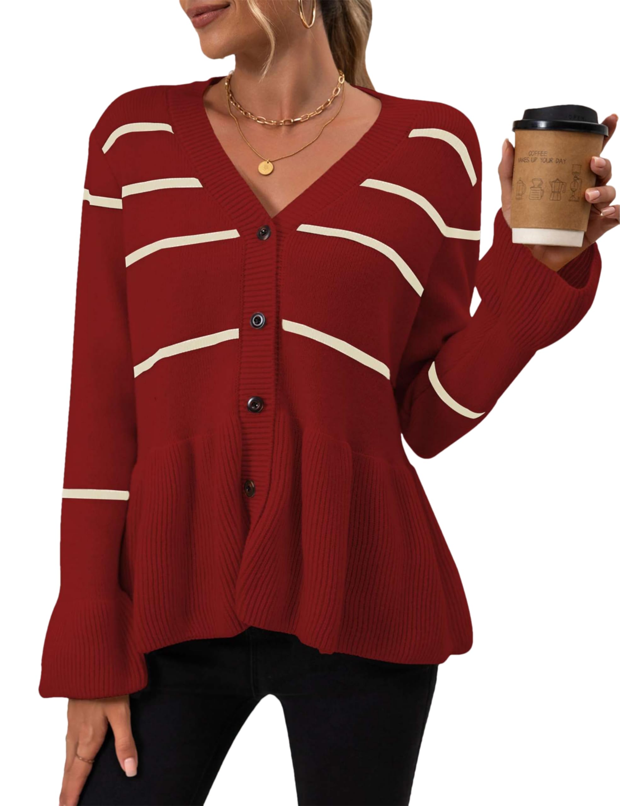 Women's Striped Cardigan Sweaters Long Sleeve Button Down Cropped Knit V Neck Casual Peplum Flared Hem Outwear-image-37