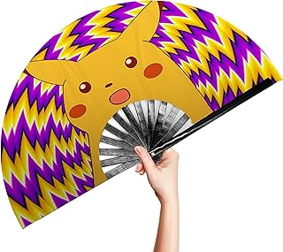 Rave Fan - Surprised Pika Fluorescent UV Ink - 33cm - Loud Clack Festival Fans, Festival Fan, Club Fan, Bamboo Fan - for Events, Dance, Performance, Festivals