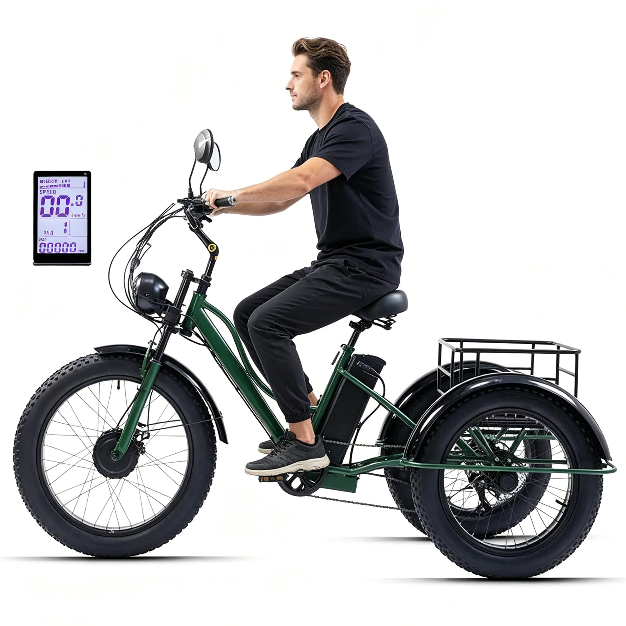 24" Fat Tire Adult Tricycle, 3 Wheel Electric Trike with Basket(LCD Display + Headlight), 7 Speeds Cruise Bicycles for Adults, 48V15Ah Removable Battery - 65km Range, Maximum Load: 330 lbs Green