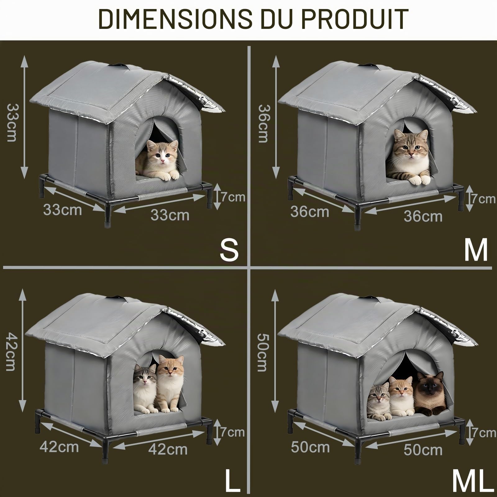 Niche pour Chat Exterieur Tissu Oxford Imperméable, Cabane Chat Exterieur Hiver et Pluie avec Base Surélevée et Coussin, pour Animaux Domestiques Errantsgrange(M)
